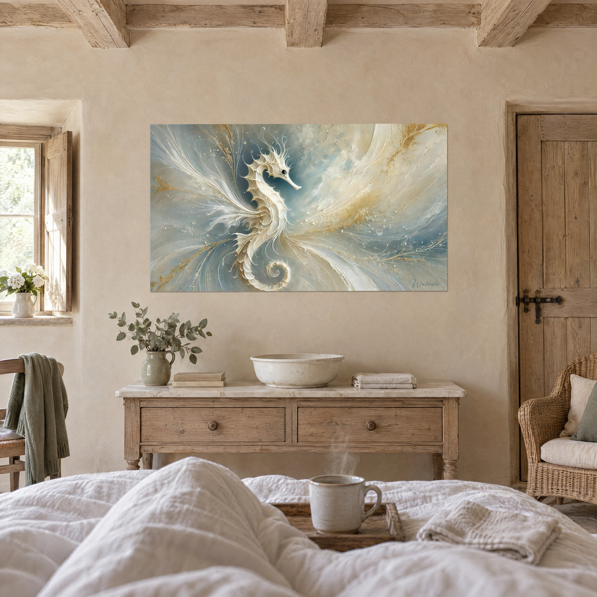 Tableau hippocampe aux écailles crème sculptées, volutes bleu pétrole et or, au-dessus d'un lit dans une chambre claire