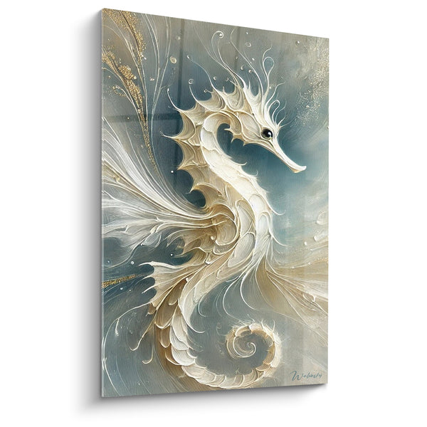 Tableau Hippocampe ivoire et gris à crête plumeuse - Œil sombre perçant - Edition Hippocampe