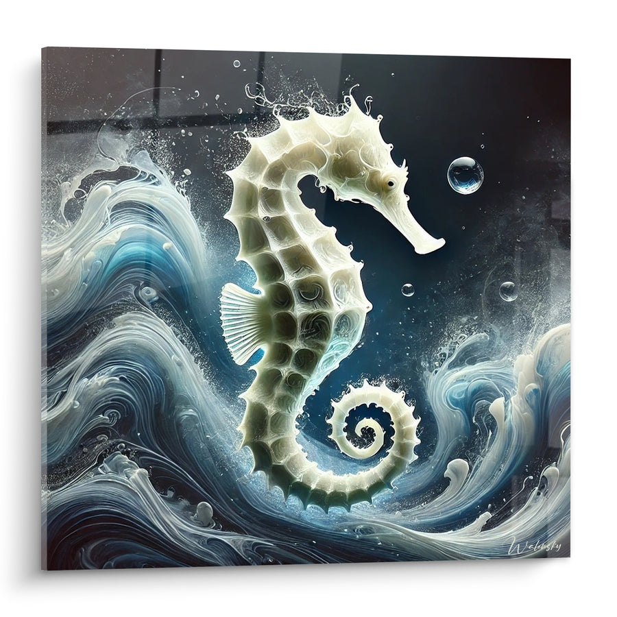 Tableau Hippocampe ivoire aux volutes bleu nuit - Naissance des flots - Edition Hippocampe