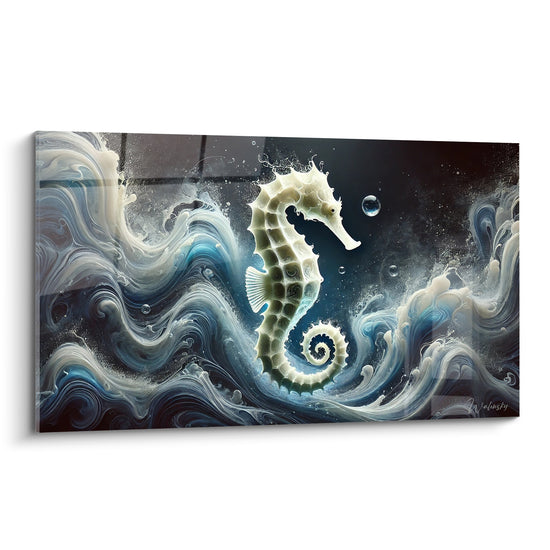 Tableau Hippocampe crème et bleu nuit à bulle flottante - Écume tourbillonnante nocturne - Edition Hippocampe
