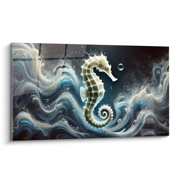 Tableau Hippocampe crème et bleu nuit à bulle flottante - Écume tourbillonnante nocturne - Edition Hippocampe