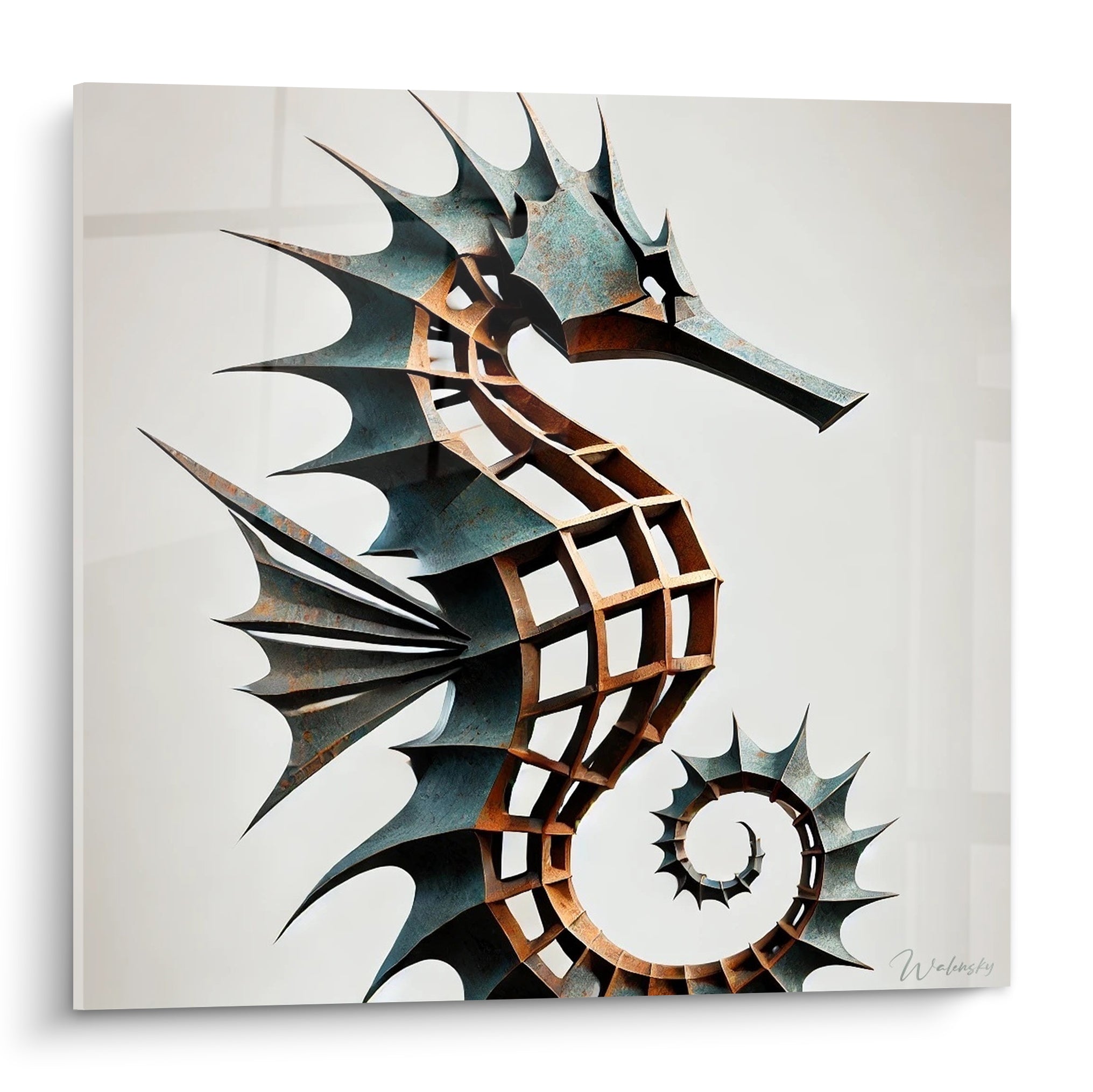 Hippocampe en armature métallique bleu pétrole et rouille, queue enroulée en spirale sculpturale