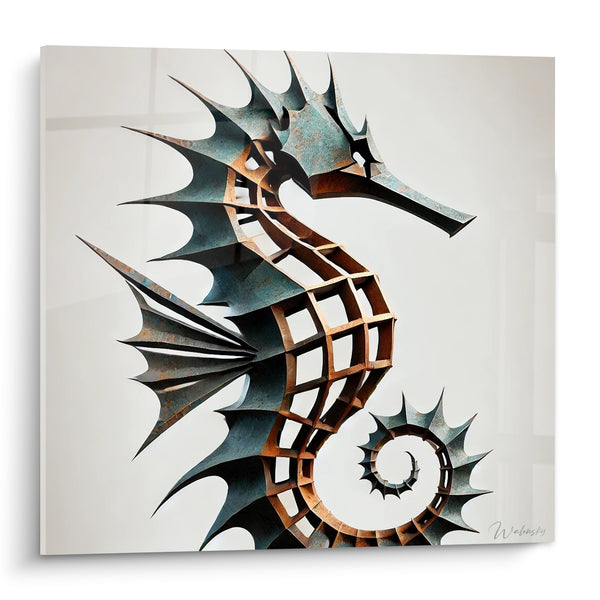 Tableau Hippocampe métallique bleu pétrole et rouille - Squelette des abysses - Edition Hippocampe