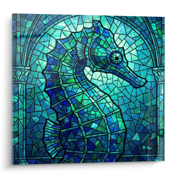 Stylized Mosaic Seahorse Painting in Turquoise and Blue - Abstract Marine Creature - Seahorse Edition