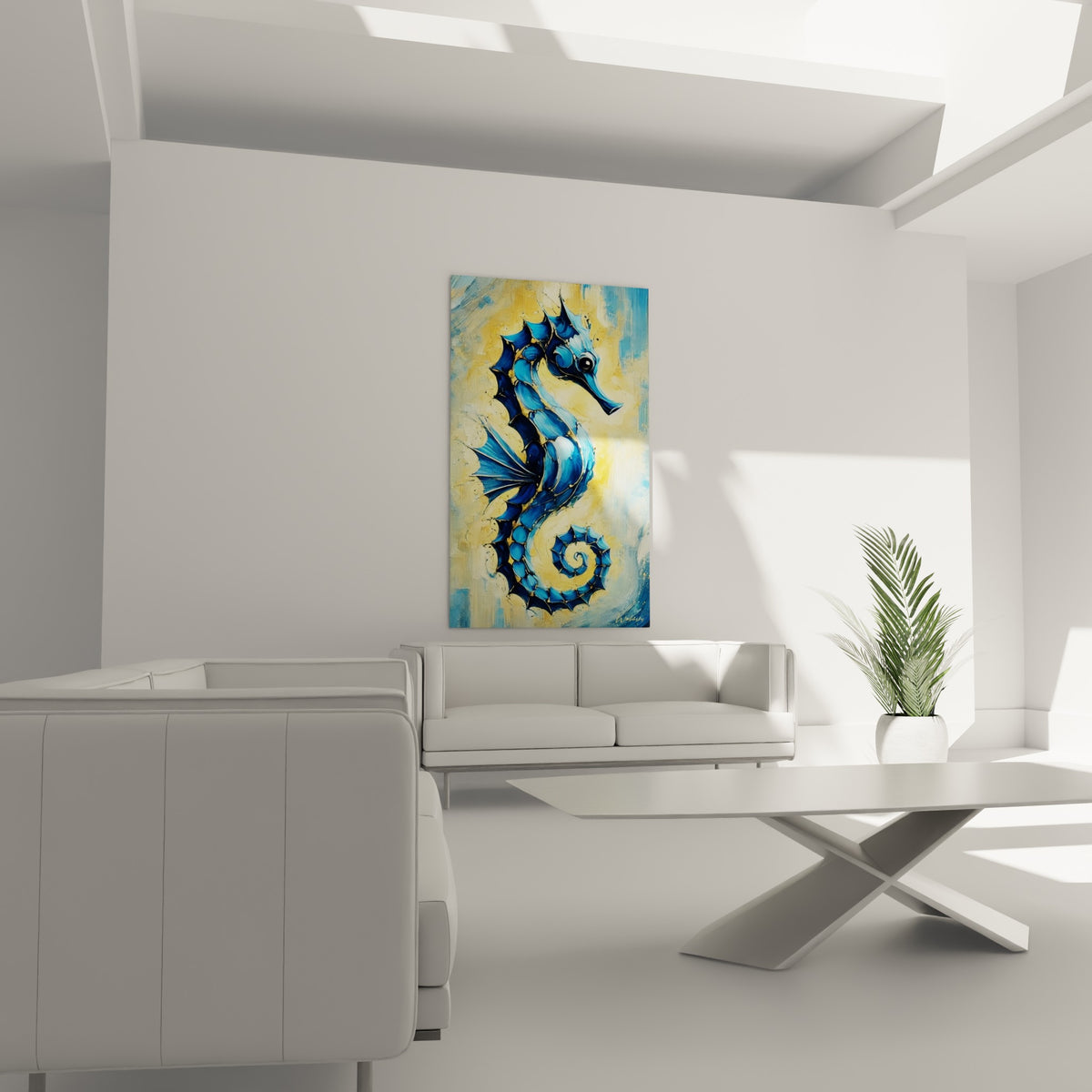 Silhouette d'hippocampe bleu profond et ocre au-dessus d'un canapé dans un salon lumineux