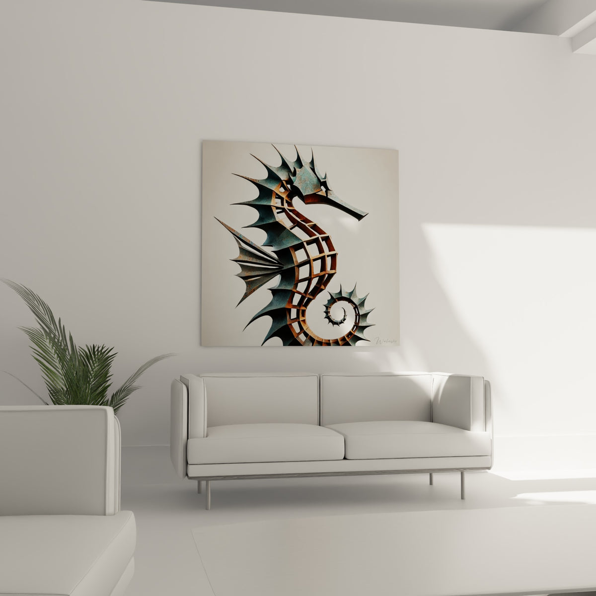 Silhouette d'hippocampe en treillis rouille et bleu pétrole oxydé, suspendue au-dessus d'un canapé dans un salon lumineux