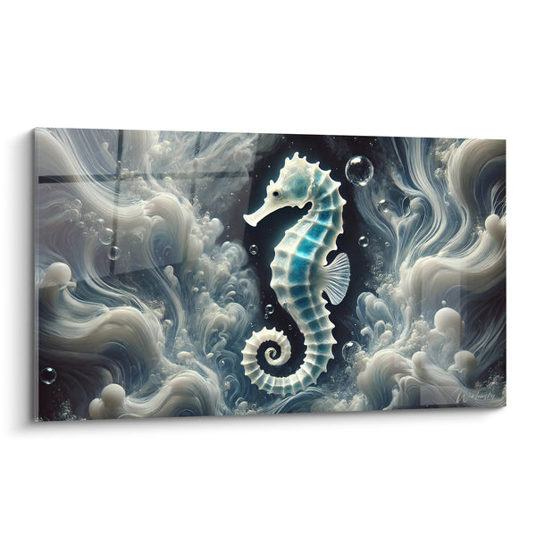 Tableau Hippocampe blanc et bleu parmi les volutes - Suspension abyssale - Edition Hippocampe