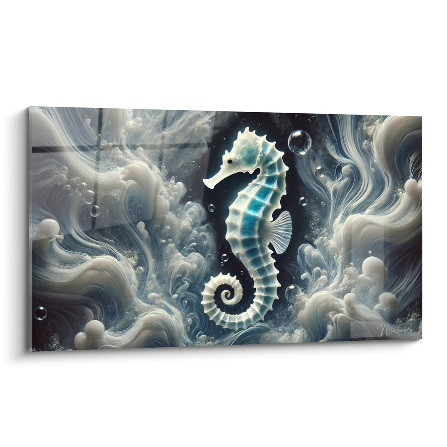 Tableau Hippocampe blanc et bleu parmi les volutes - Suspension abyssale - Edition Hippocampe