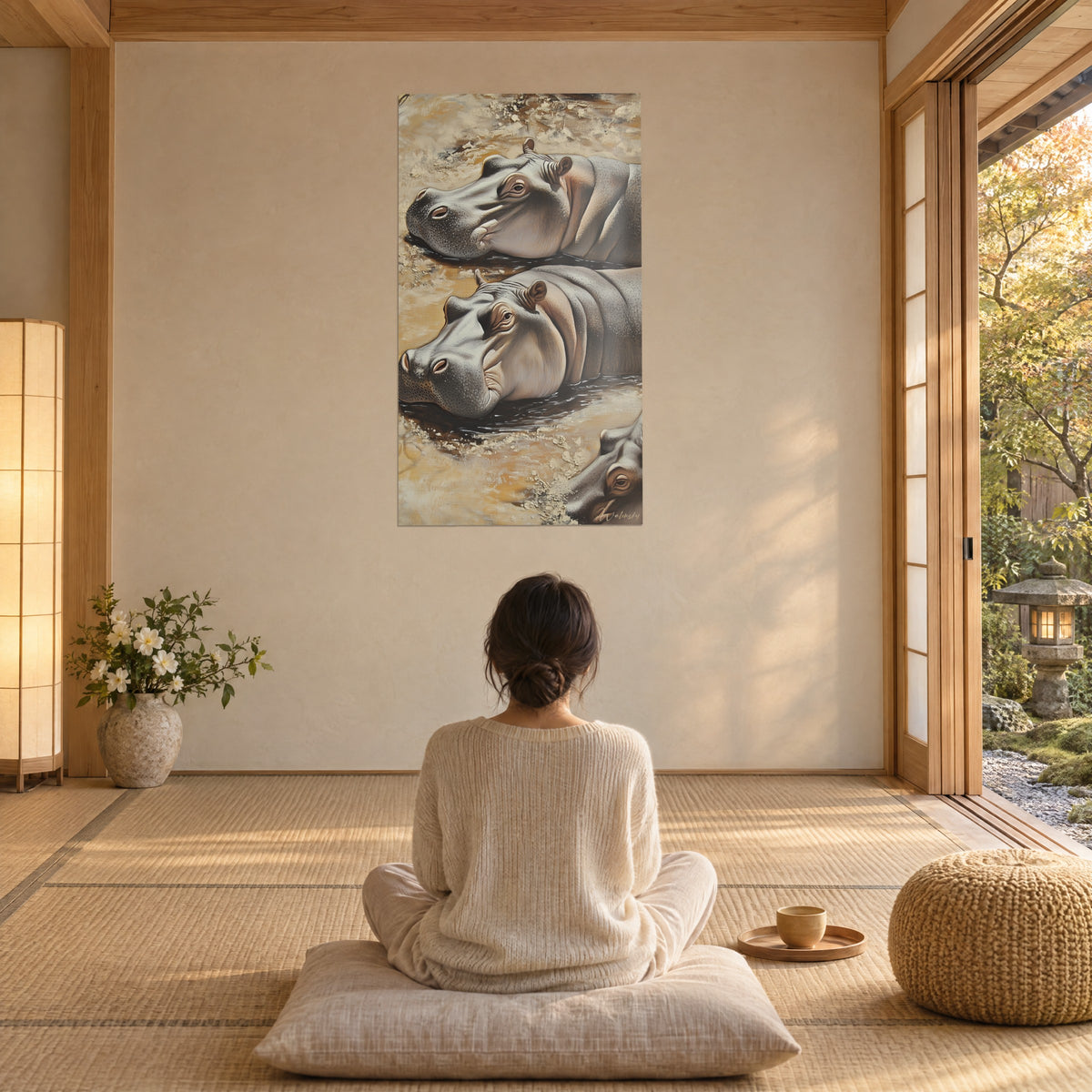 Cuadro de paquidermos sumergidos, lomos grises plegados y aguas oscuras sobre ocre dorado, mujer de espaldas sentada en un cojín, salón zen luminoso