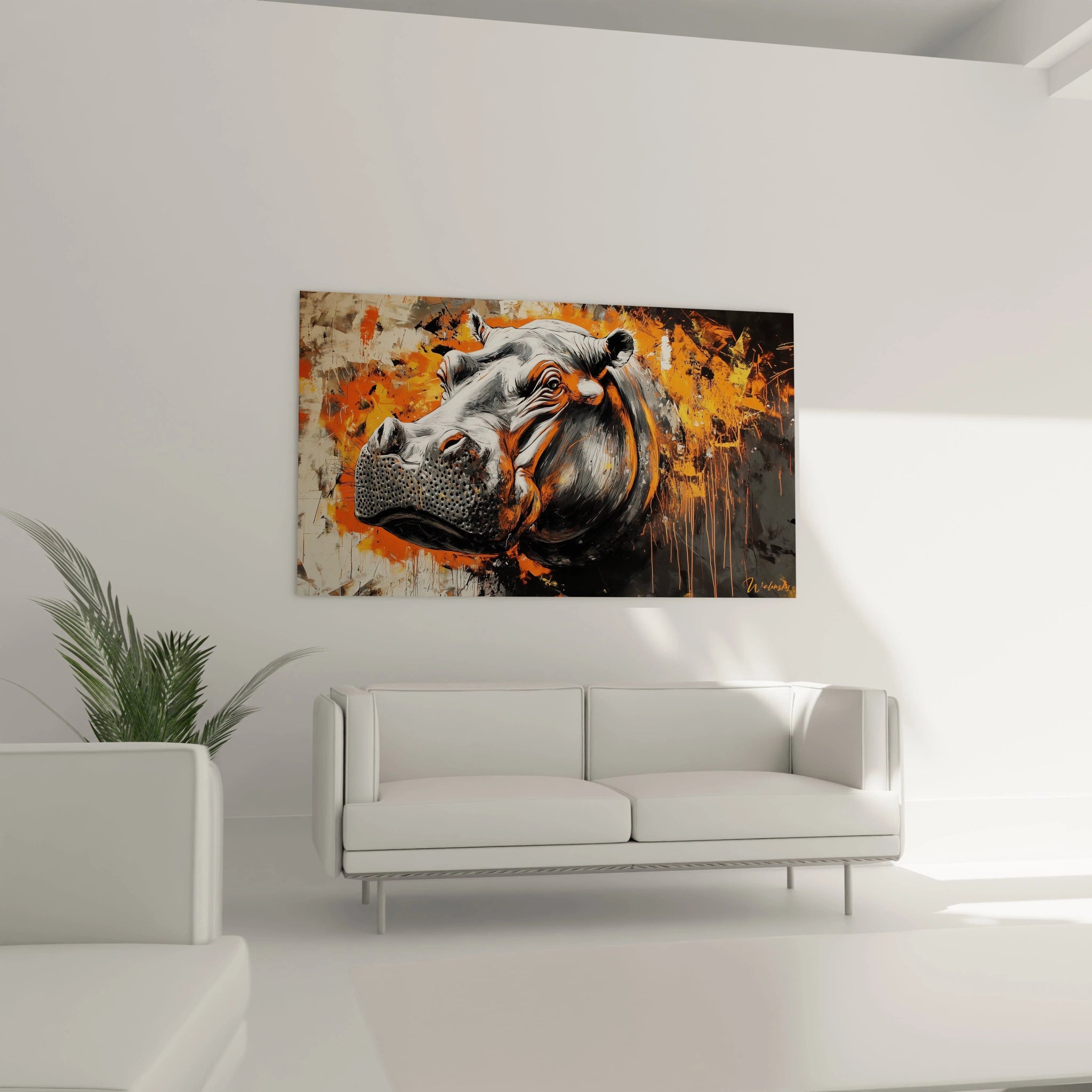 Un tableau hippopotame contemporain capturant le profil de l'animal avec une précision remarquable. Les textures poreuses du museau contrastent avec les coulures dynamiques orange et noires du fond, créant une œuvre à la fois réaliste et abstraite.
