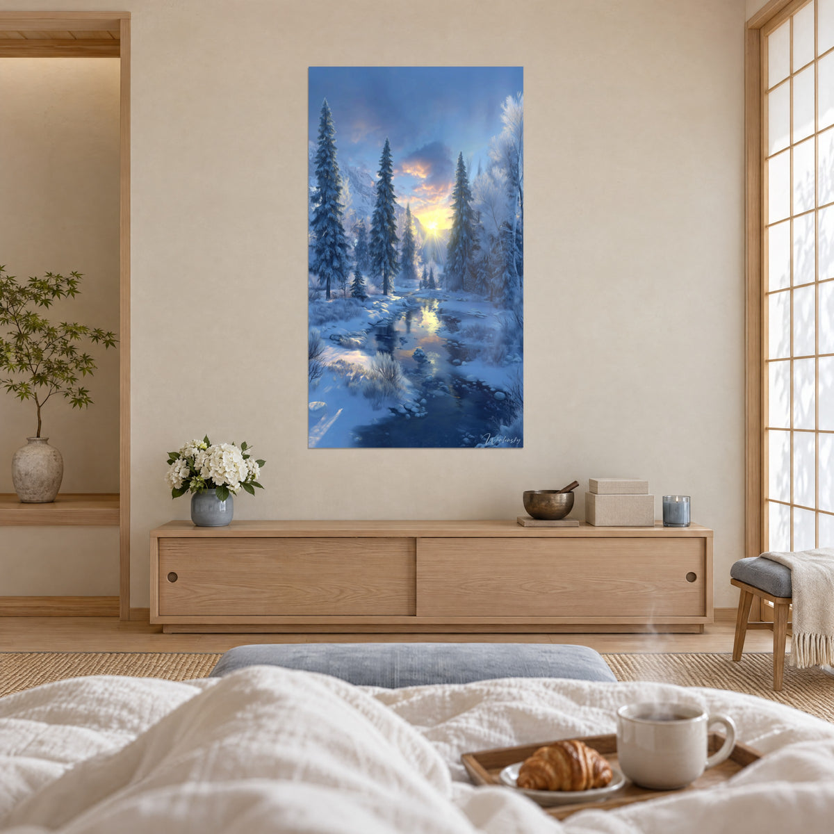 Schilderij winterse ochtendgloren boven een besneeuwde vallei, gele zon, blauwe en oranje lucht, weerspiegelingen op de rivier, boven een bed in een lichte slaapkamer