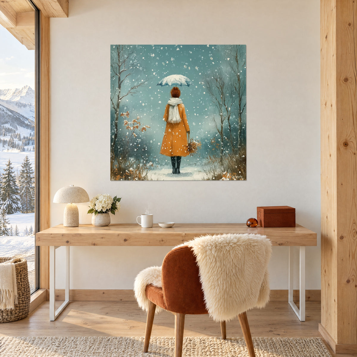 Wall art walker in black boots and saffron coat in the snowstorm, blue-grey and orange, above a wooden desk