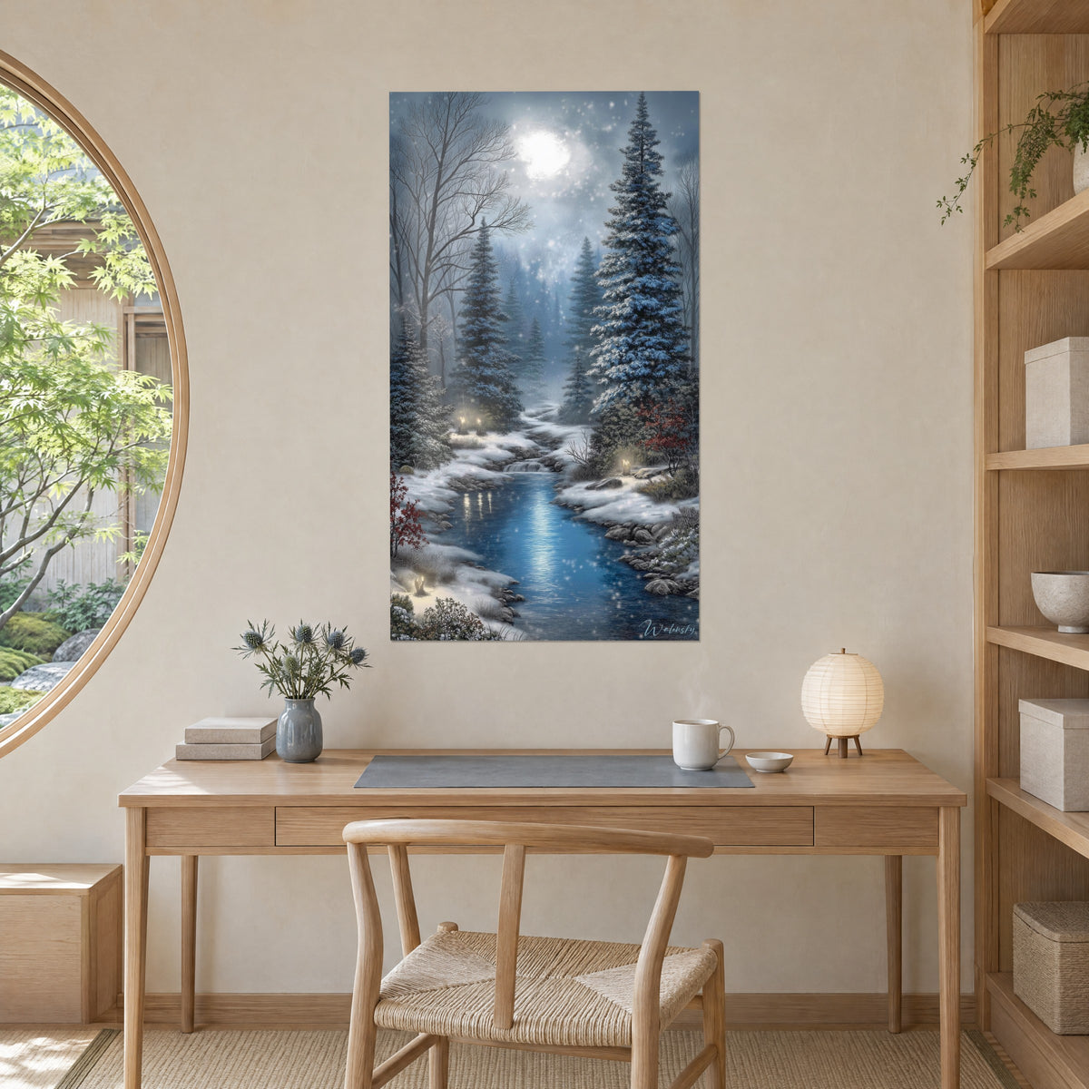 Schilderij besneeuwde natuur, parelgrijze kale bomen, rode struiken en kleine amberkleurige kaarsen aan het water, tegenover een bureau van licht hout