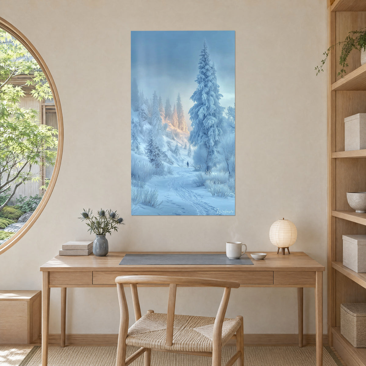 Schilderij eenzame silhouet in een witte kom, sparren gebaad in bleekgoud en blauw licht, aan de muur van een kantoor in licht hout