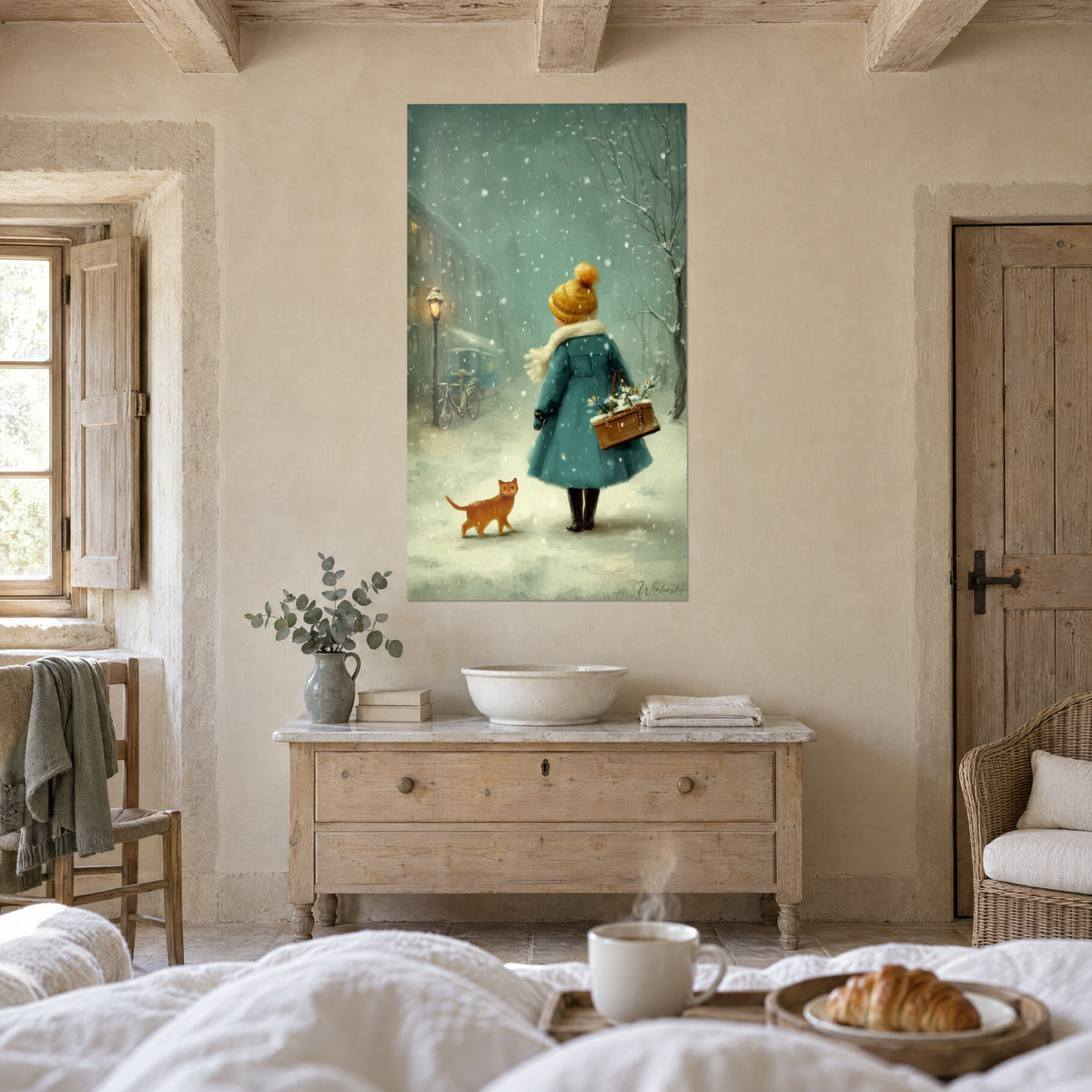 Tableau petite promeneuse emmitouflée d'une écharpe crème, flocons blancs sur fond vert d'eau, chat roux, au-dessus d'un lit dans une chambre claire