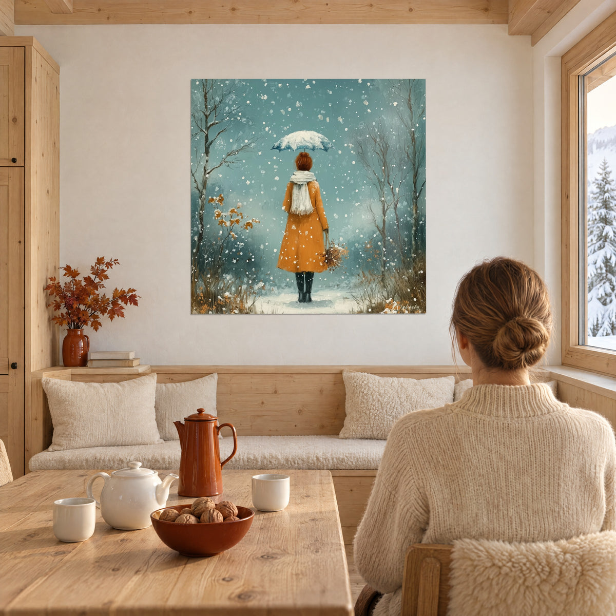 Wall art lady with a frosted umbrella holding a bouquet of russet leaves, icy blue sky, in a larch-wood chalet dining nook