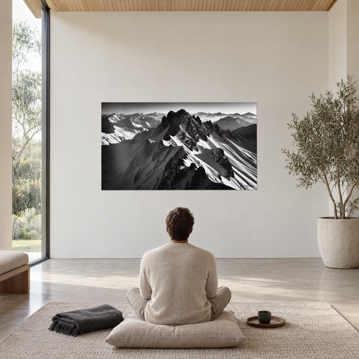 Wall art valley of snowy peaks in black and white, grey ridgelines and dazzling snow, man sitting meditating facing the wall