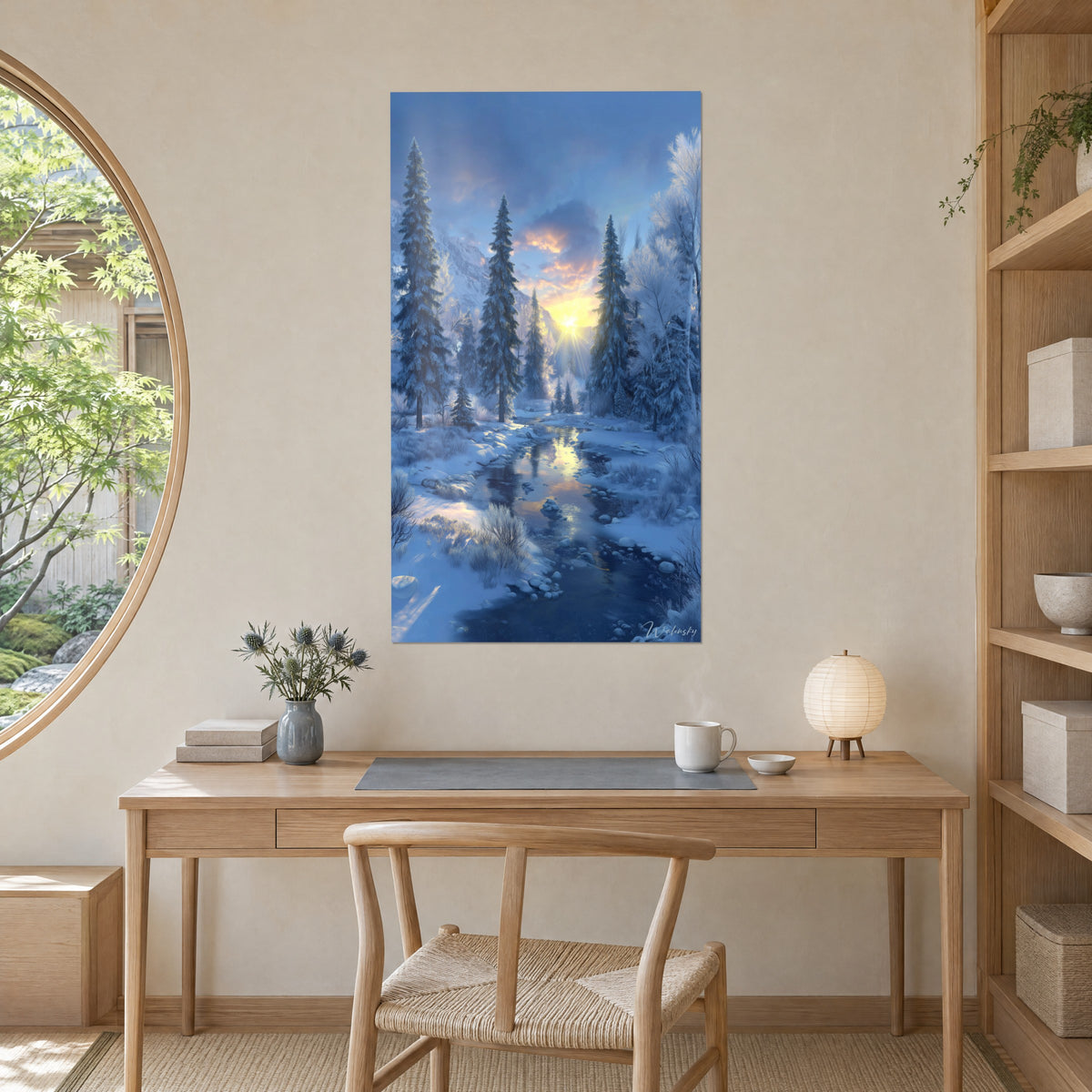 Schilderij besneeuwde berg en glinsterende beek bij zonsopgang, diepblauw en bleekoranje, opgehangen boven een bureau van licht hout