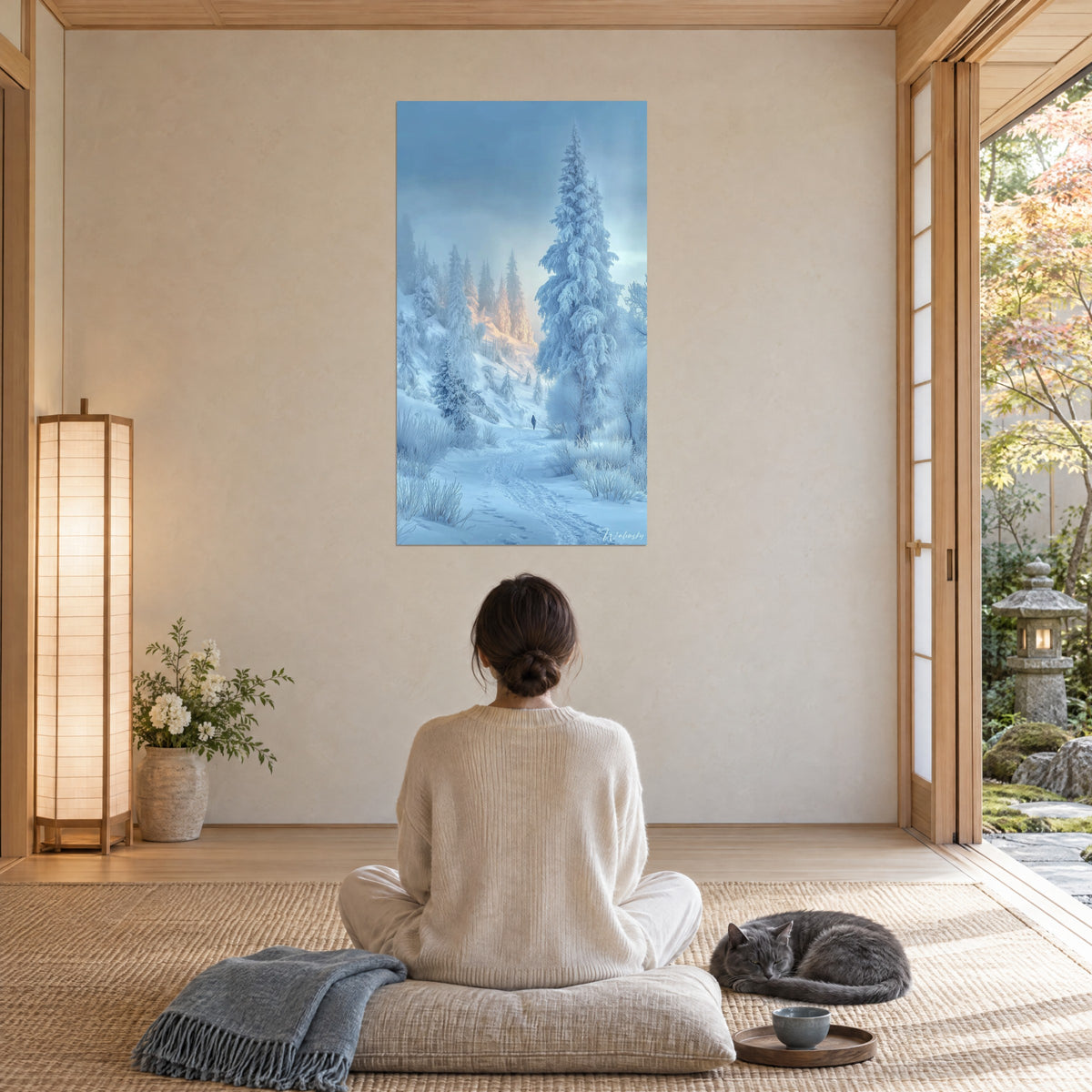 Schilderij ijzige berg met poederige sparren in blauw en abrikoos, zachte mist, in een zen woonkamer met een mediterende en een grijze kat