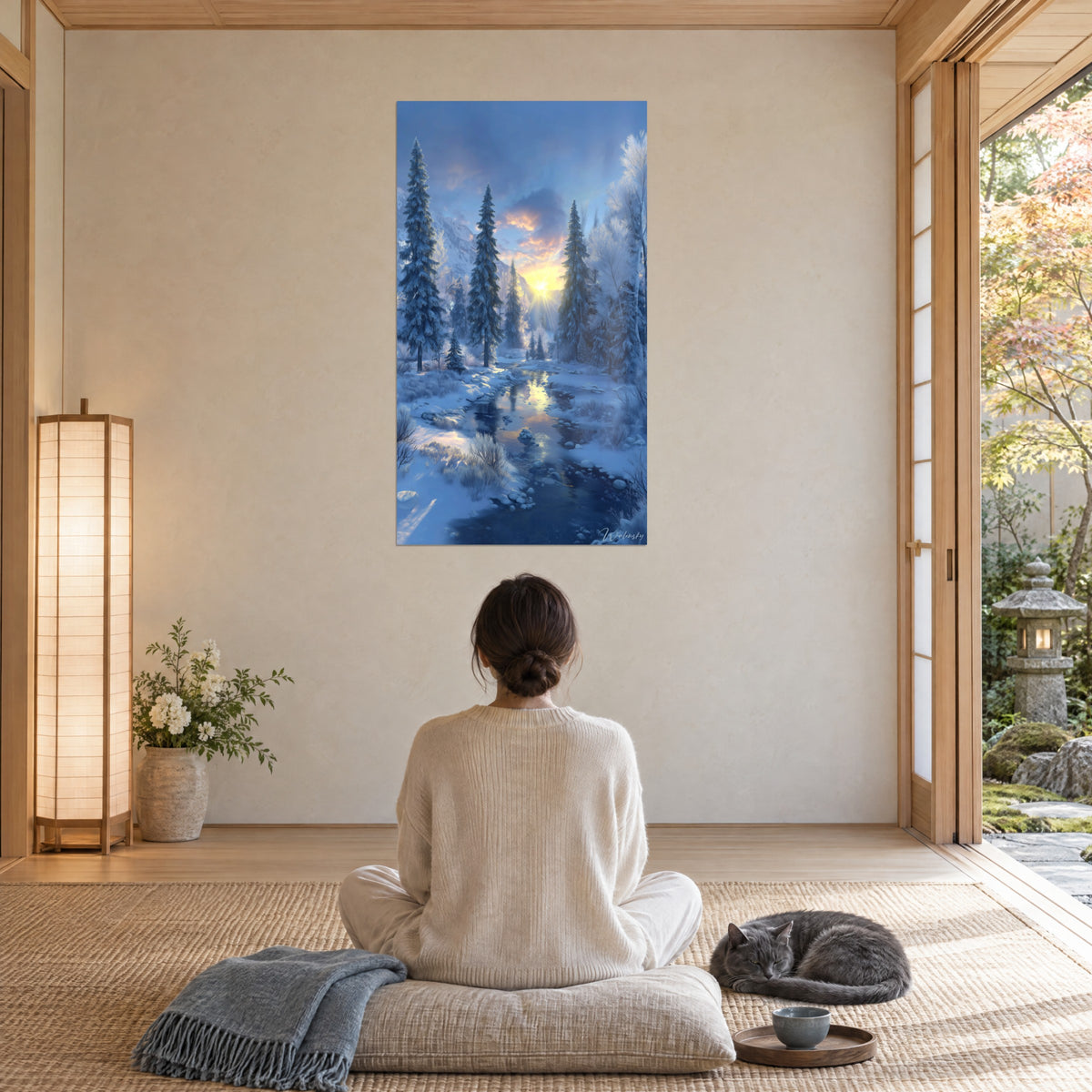 Schilderij ijzige open plek en opkomende zon, blauwachtige sparren, roze-oranje lucht, vrouw van achteren op een kussen, grijze kat slaapt ernaast