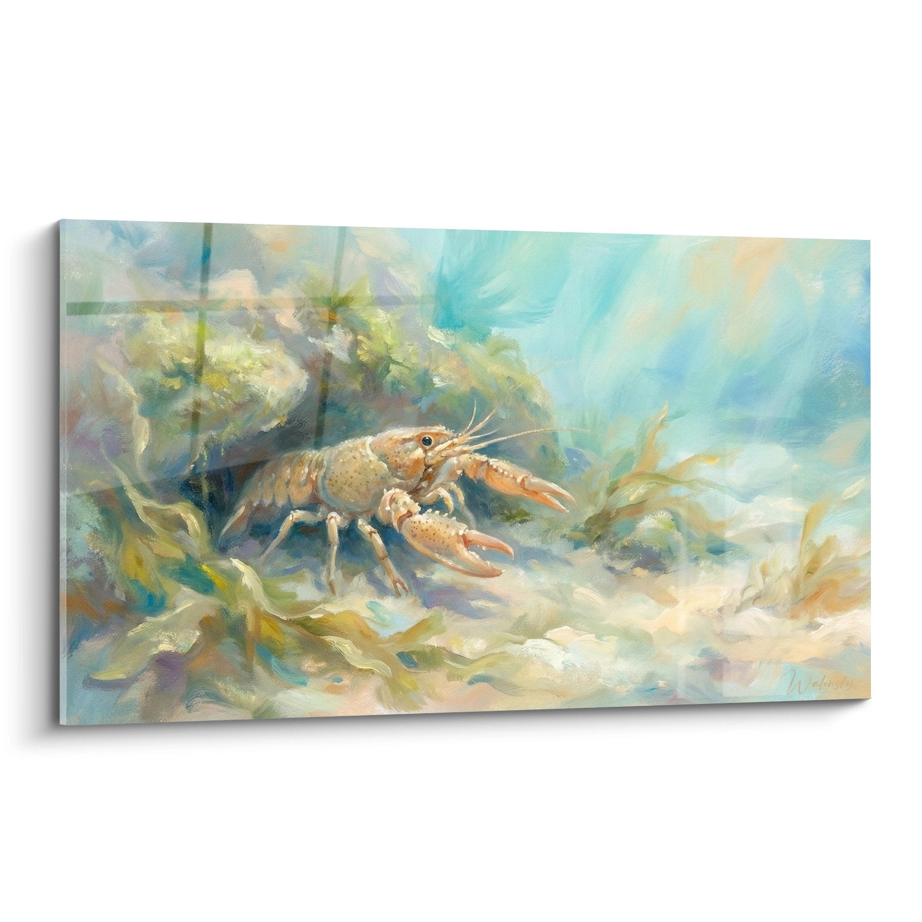 Aquarellgemälde orange Hummer in blaugrüner impressionistischer Meeresumgebung maritime Zartheit