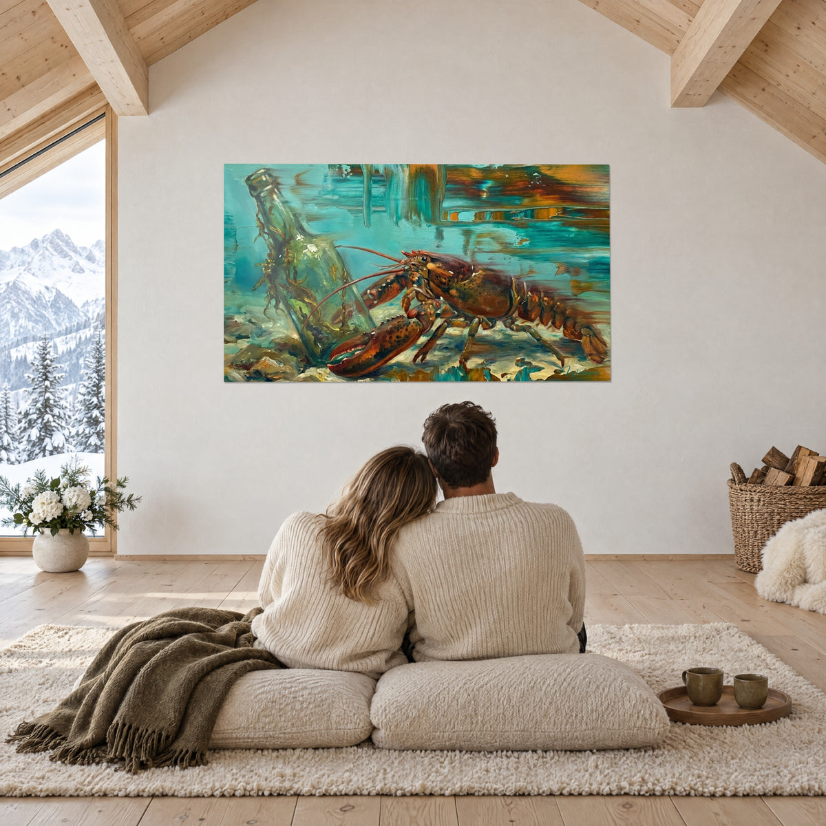 Quadro coda segmentata arancio e marrone di un crostaceo su fondo marino turchese e verde, vista da una coppia di spalle seduta sul pavimento di uno chalet