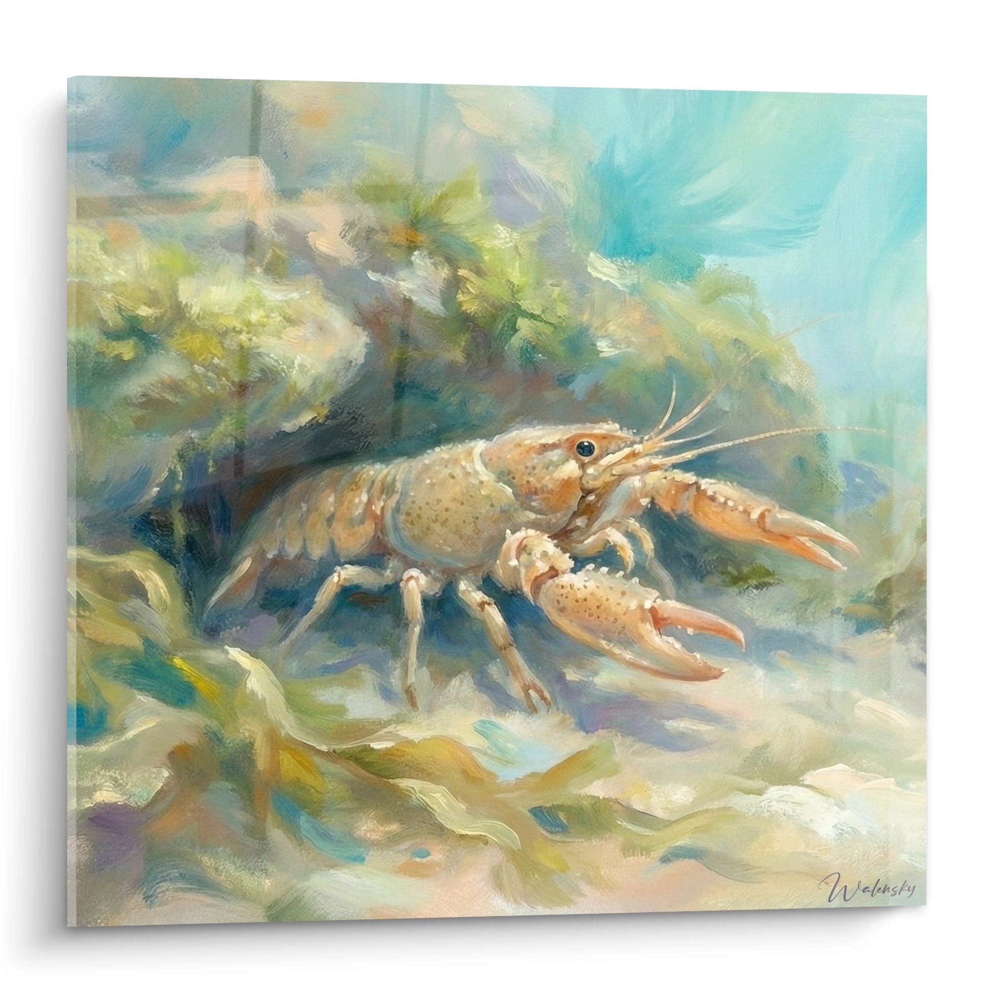Impressionistisches Hummer-Gemälde in Türkis- und Orangetönen, Wassermalpinsel, Krustentier Scheren, Meereskunst