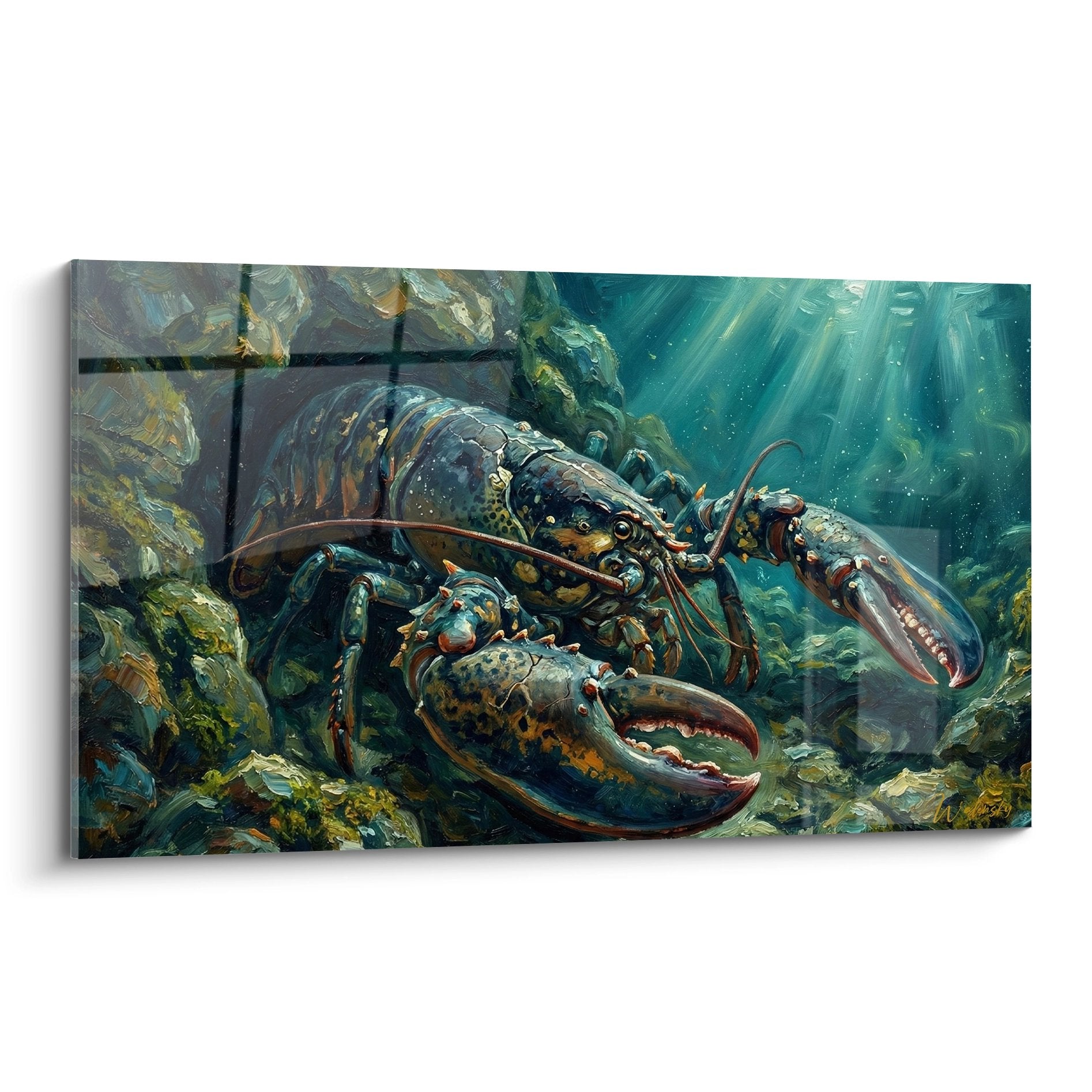 Majestätisches Hummer-Gemälde türkisfarbener Meeresgrund offene Scheren Unterwasserfelsen Lichtstrahlen