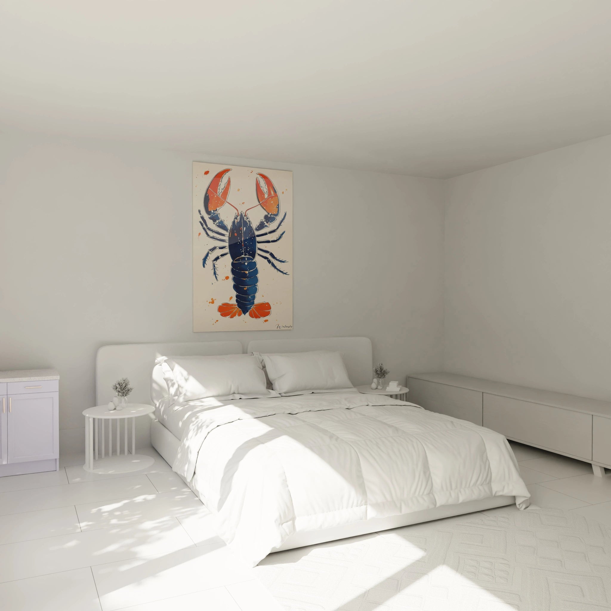 Tableau homard dans un style graphique contemporain montrant un homard bleu profond aux pinces orange éclatantes. La composition centrée présente des éclaboussures dynamiques et des contours nets, créant un contraste saisissant sur fond beige clair.
