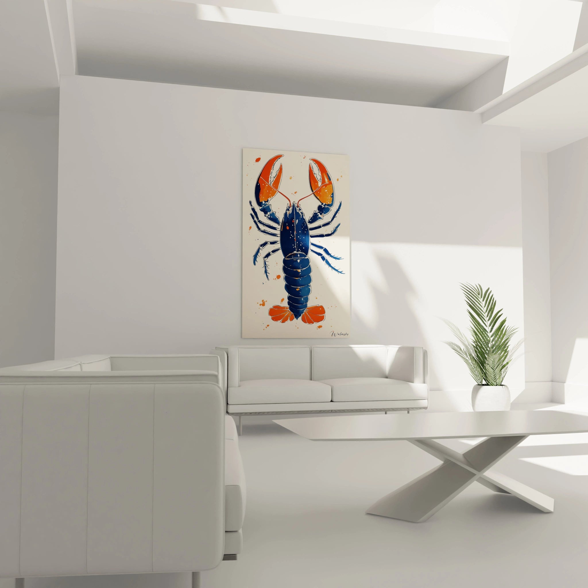 Tableau homard décoratif présentant un spécimen en vue dorsale avec corps bleu marine et extrémités orange. Les détails anatomiques sont finement tracés en blanc, rehaussés par des projections de couleur qui ajoutent mouvement et texture sur fond neutre.

