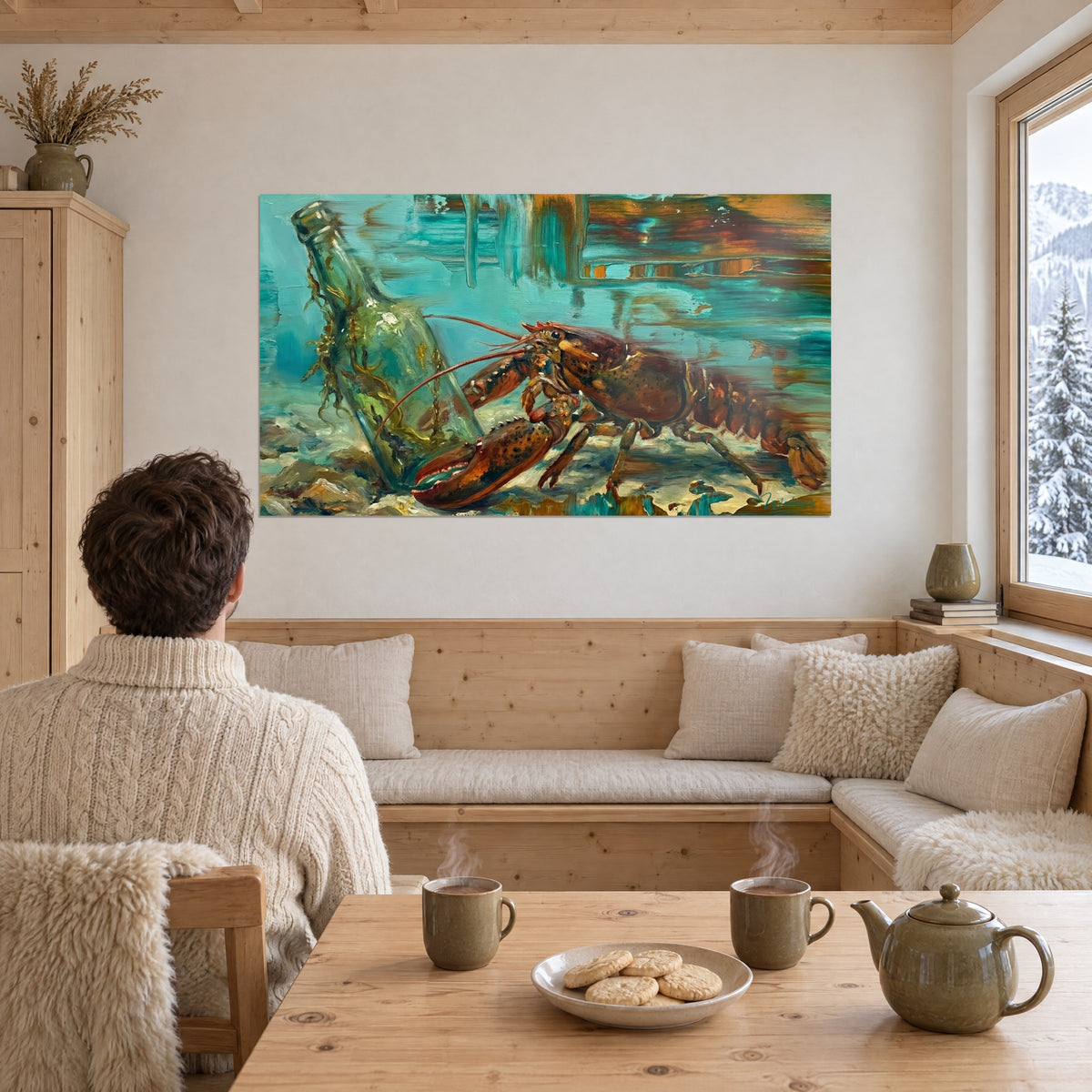 Quadro grande chela ispida di spine su sfondo di alghe verdi e acqua turchese, riflessi dorati, parete bianca di uno chalet di fronte a due persone
