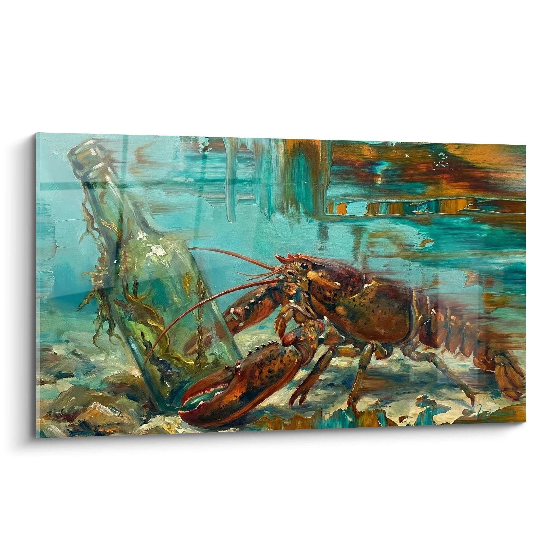 Gemälde Hummer Unterwasser Türkis Kupfer Töne kristallklares Wasser versunkene Flasche realistische aquatische Dekoration