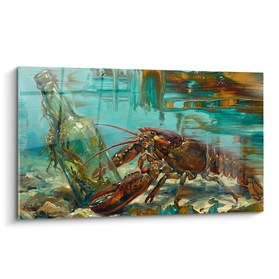 Underwater Lobster Painting with Turquoise and Copper Tones in Aquatic Decor - Marine Depths - Lobster Edition