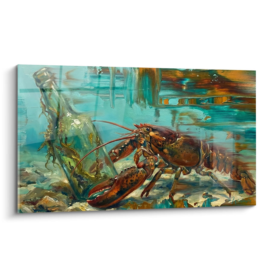 Tableau Homard sous-marin aux tons turquoise et cuivrés dans un décor aquatique - Profondeurs Marines - Edition Homard