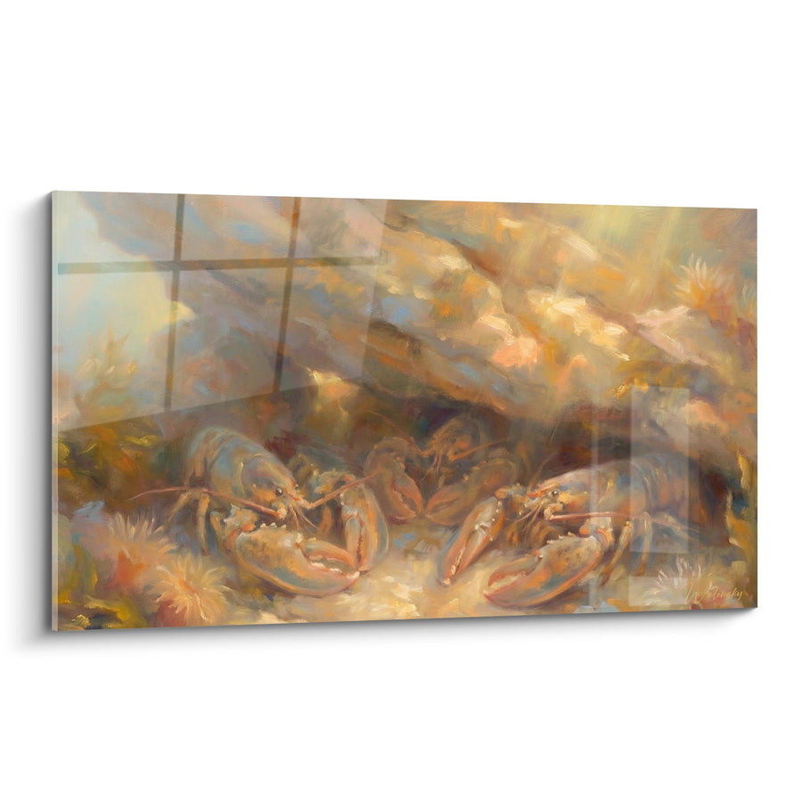 Tableau Homards aux Tons Dorés et Orangés dans Aquarium Lumineux - Majesté Aquatique - Edition Homard