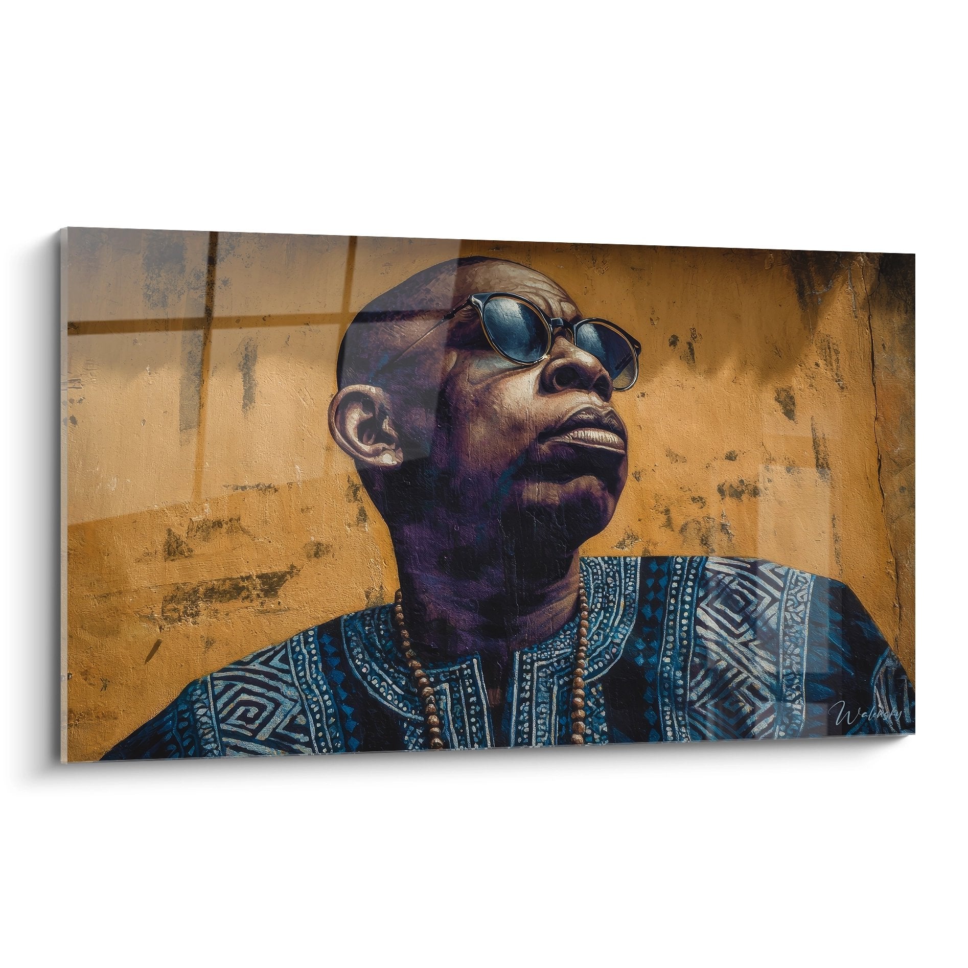 Tableau mural portrait homme africain élégant avec lunettes de soleil et vêtement traditionnel bleu