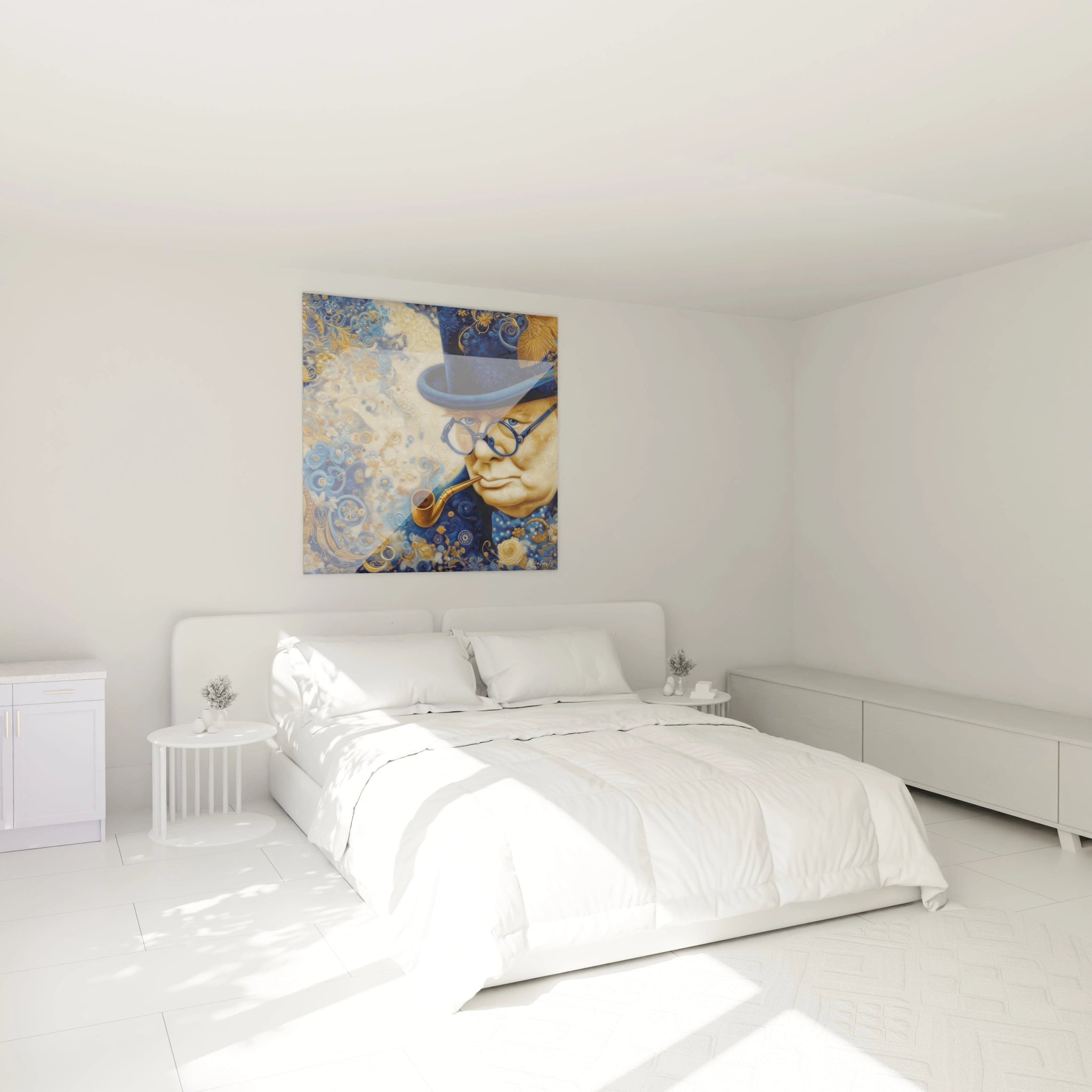 tableau Winston Churchill décoration Walensky portrait stylisé sur toile bleue et or accroché au dessus du lit blanc moderne