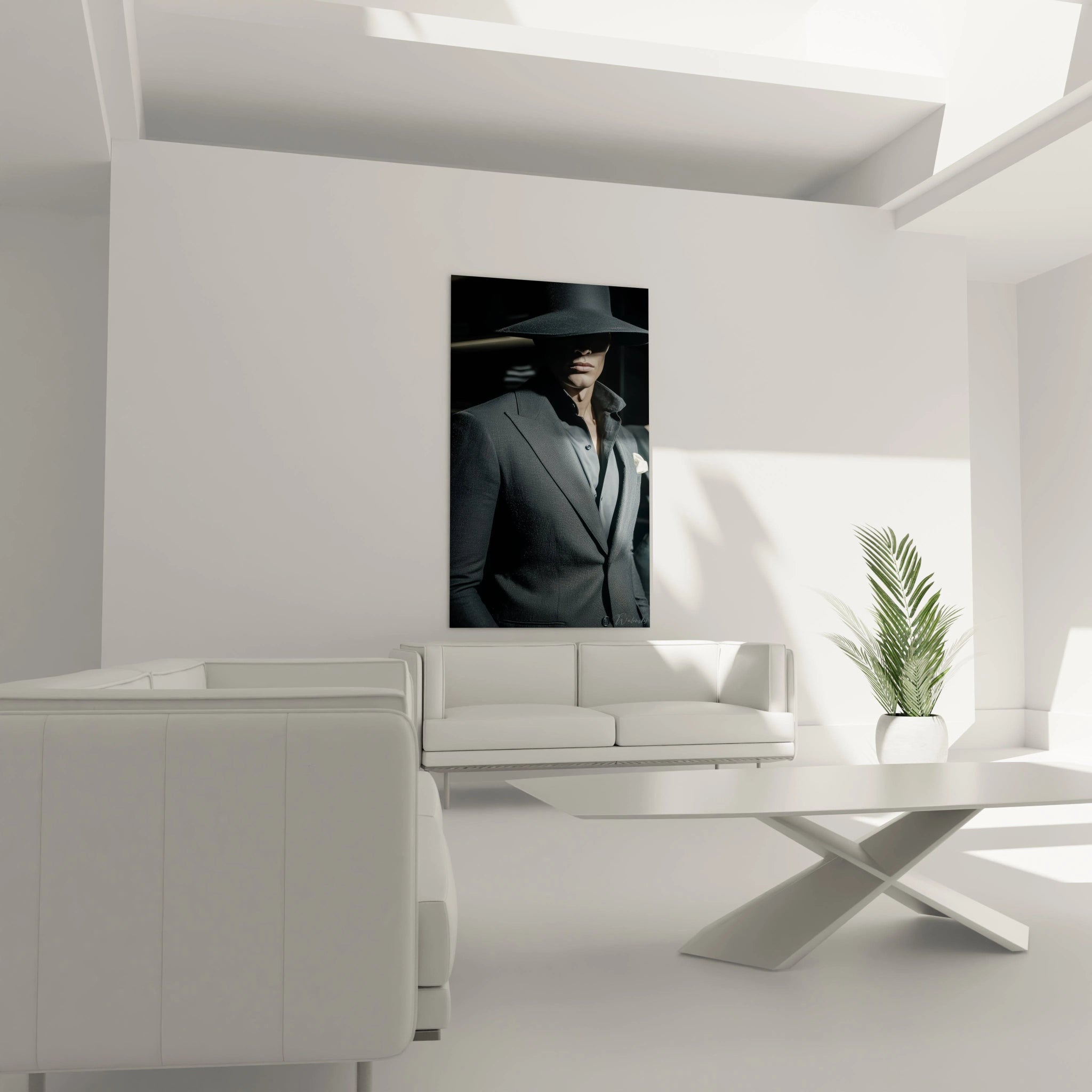 Tableau homme au chapeau de Walensky dans un salon moderne avec des meubles élégants