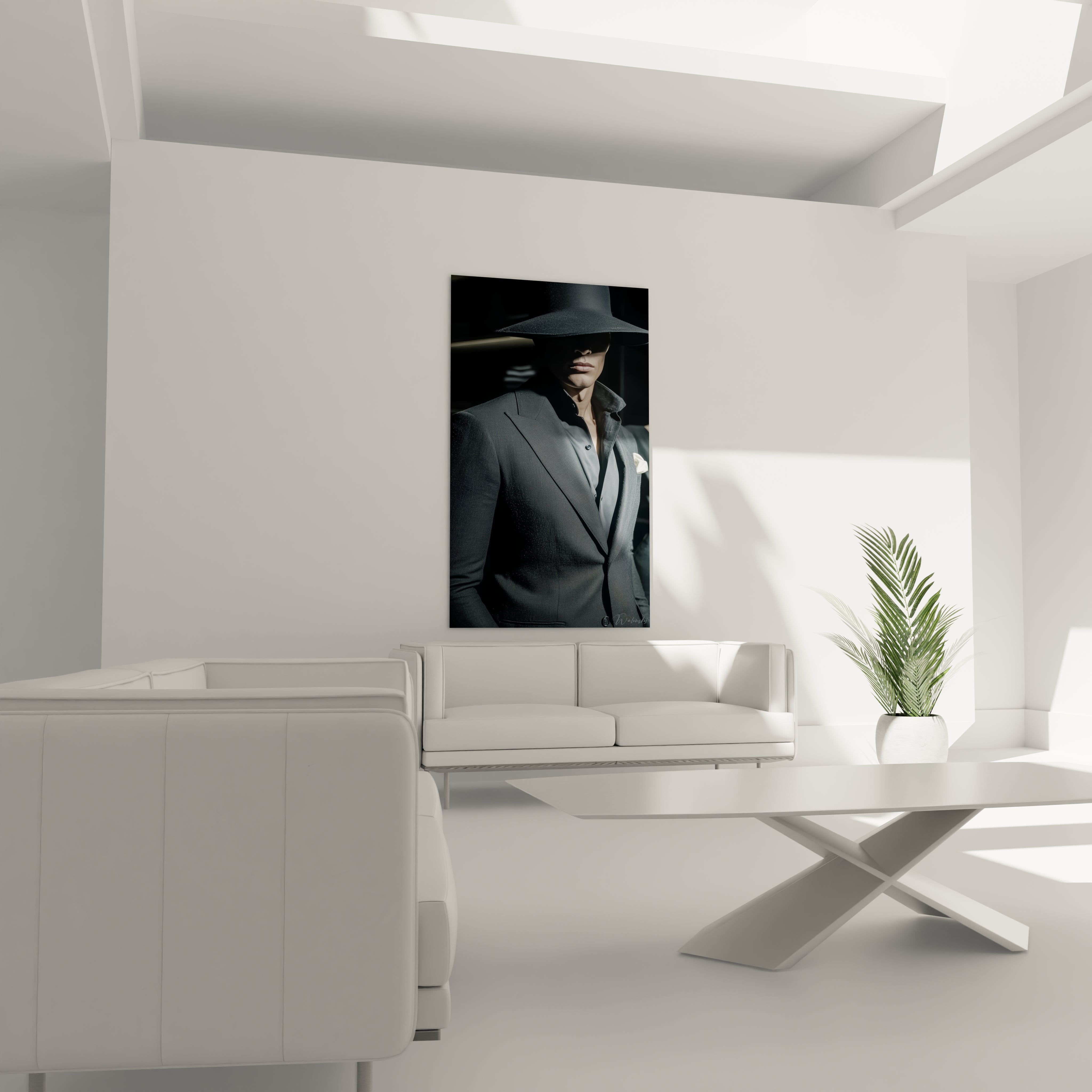 Tableau homme au chapeau de Walensky dans un salon moderne avec des meubles élégants