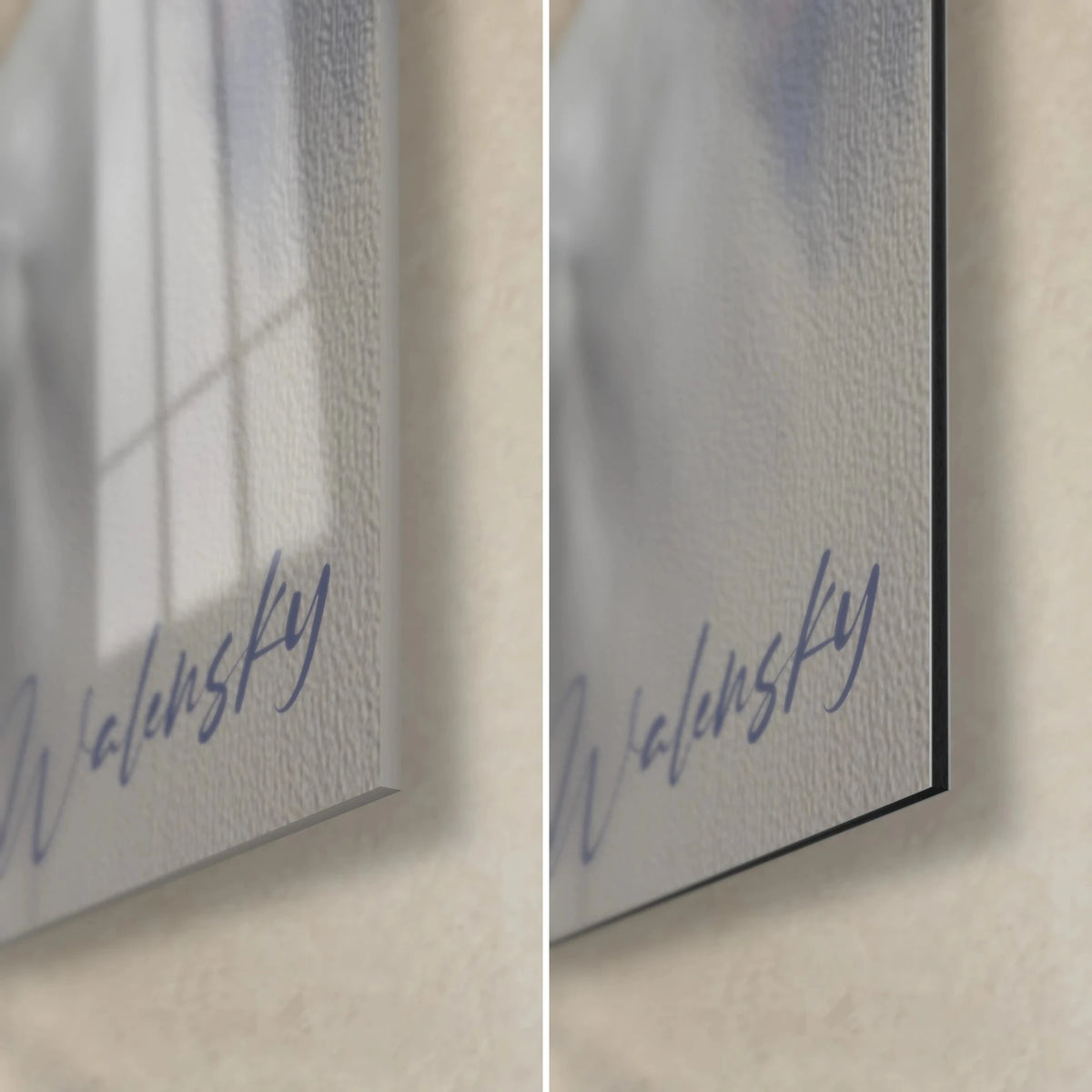Schilderij man met duiven, rechtsonder: glanzend grijsblauw acrylglas, mat zwart Dibond-aluminium, Walensky-handtekening, rand van 3 mm
