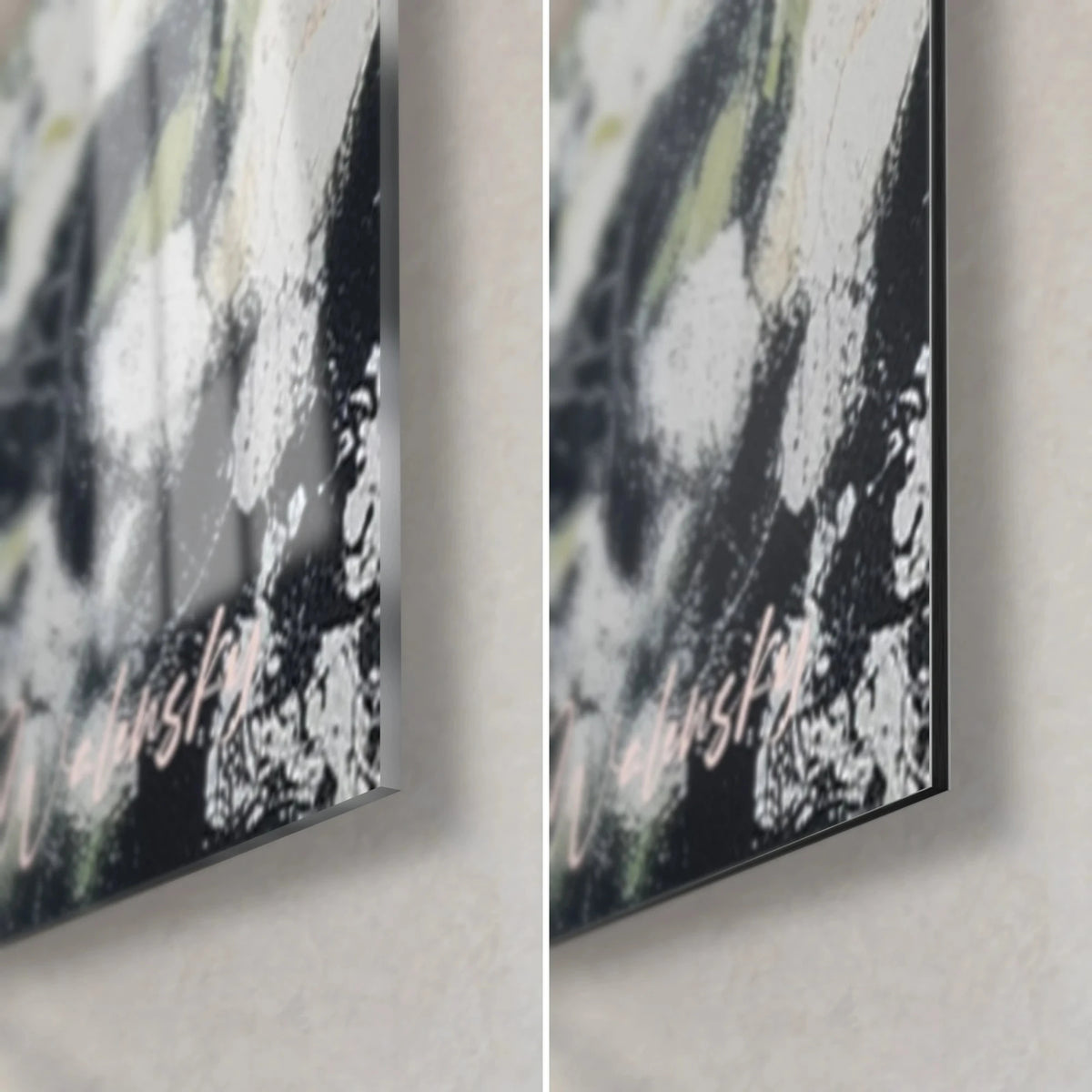 Wall art man with black tears, bottom right corner: glossy acrylic glass on the left, matte black and white aluminium Dibond on the right, 3 mm edge