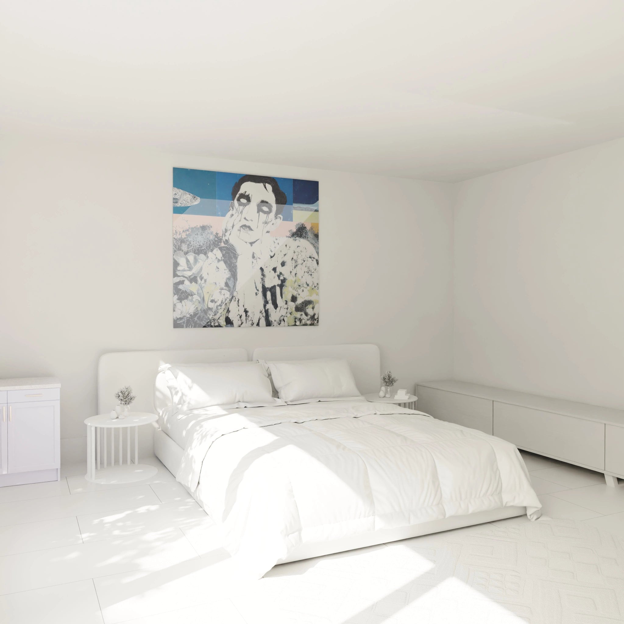 Chambre minimaliste blanche avec grand lit et tableau homme aux larmes noires coloré signé Walensky au dessus de la tête
