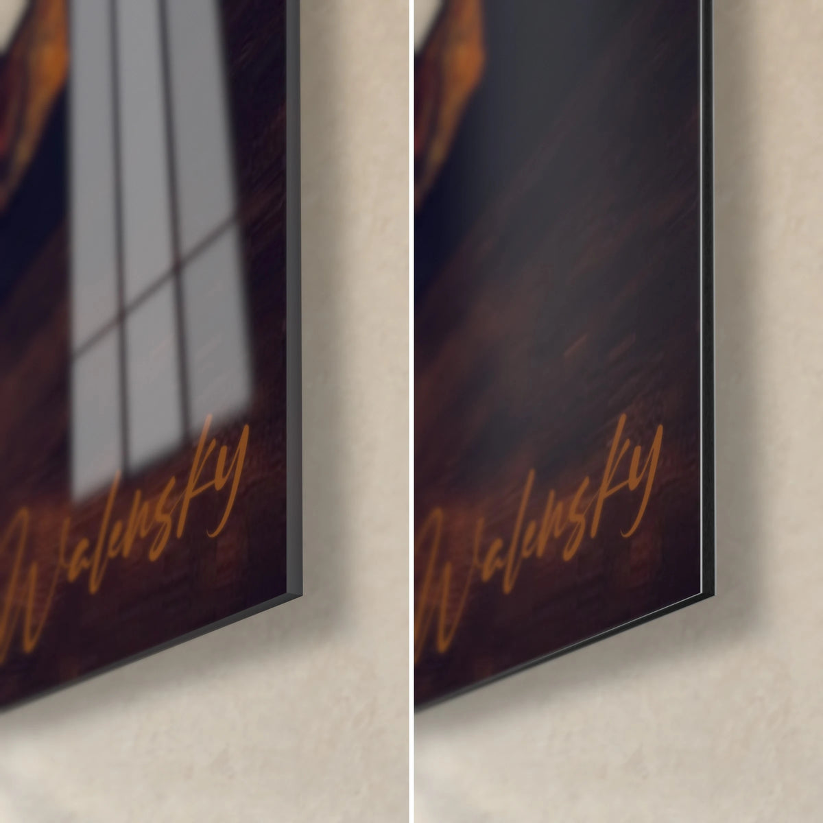 Cuadro retrato pintado al óleo, esquina inferior derecha: firma dorada Walensky, cristal brillante que refleja la ventana, Dibond gris mate