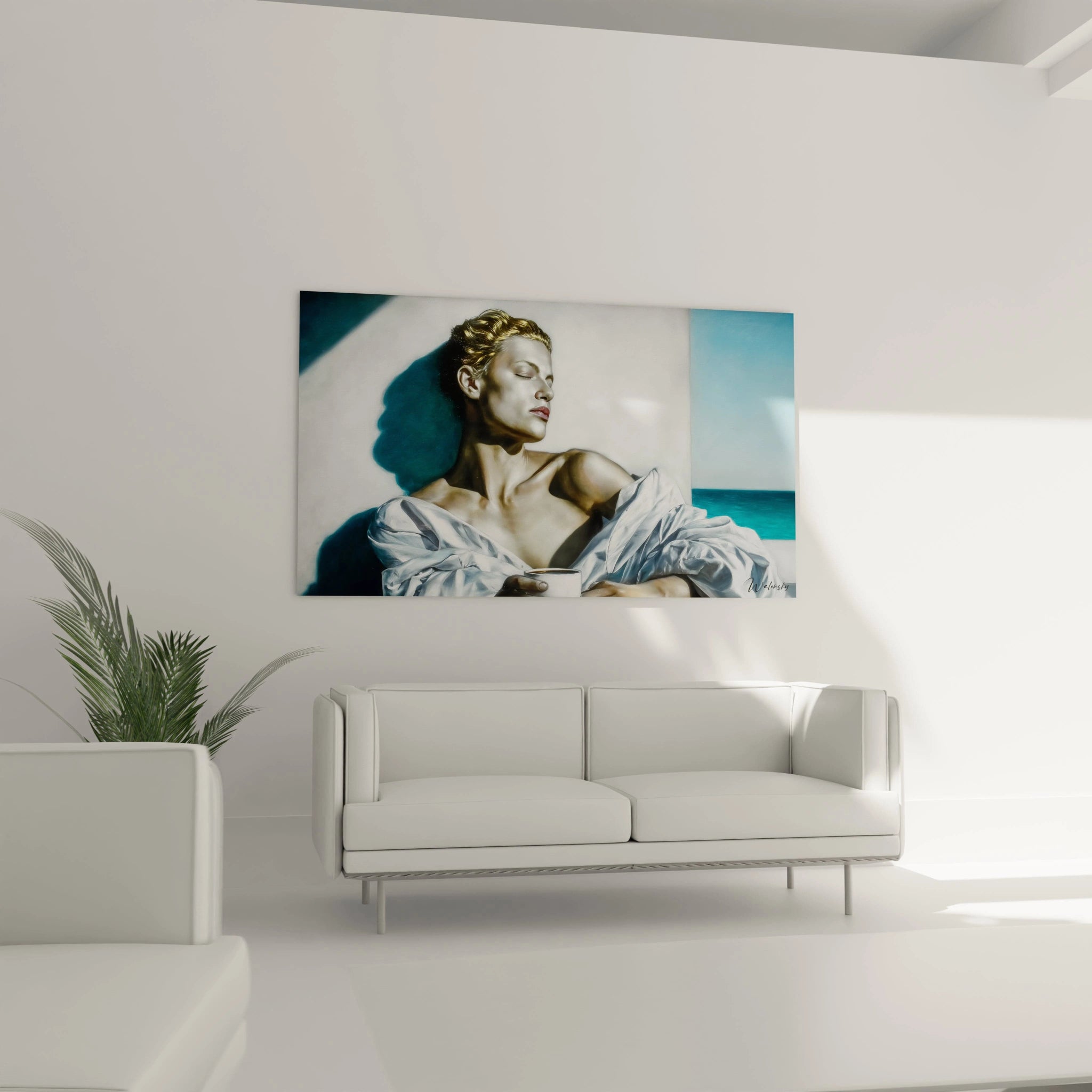 Tableau hyperréaliste homme Walensky peinture murale portrait d'un homme blond aux lumières de plage pour salon moderne