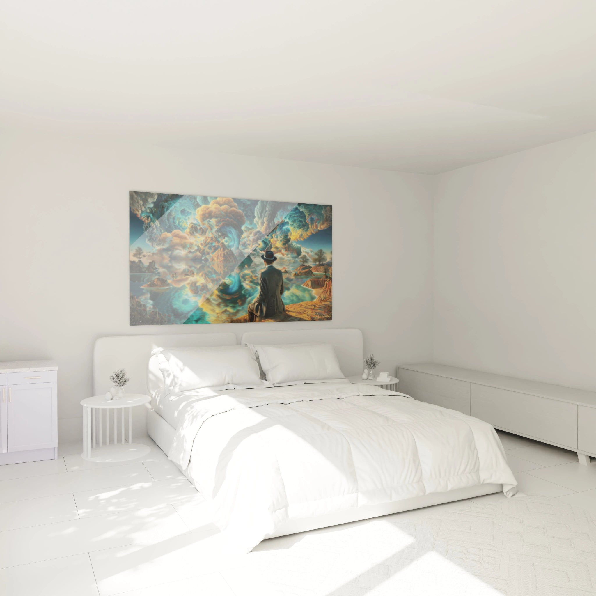tableau surréaliste homme chapeau Walensky accroché au dessus du lit blanc dans une chambre lumineuse et minimaliste