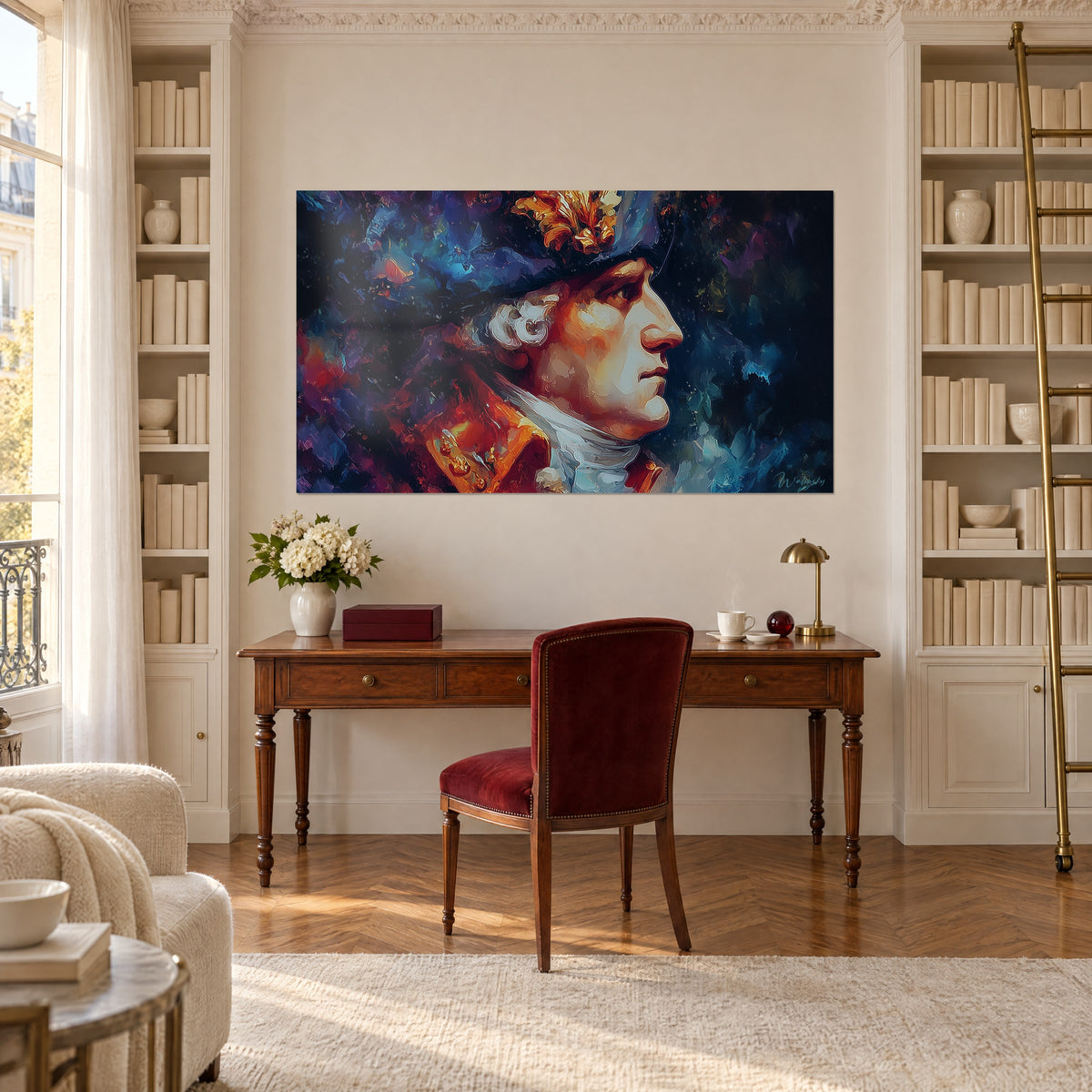 Schilderij monarch in purperen gewaad, rechte neus en trotse blik, oranje accenten op donkerblauwe achtergrond, boven een houten bureau