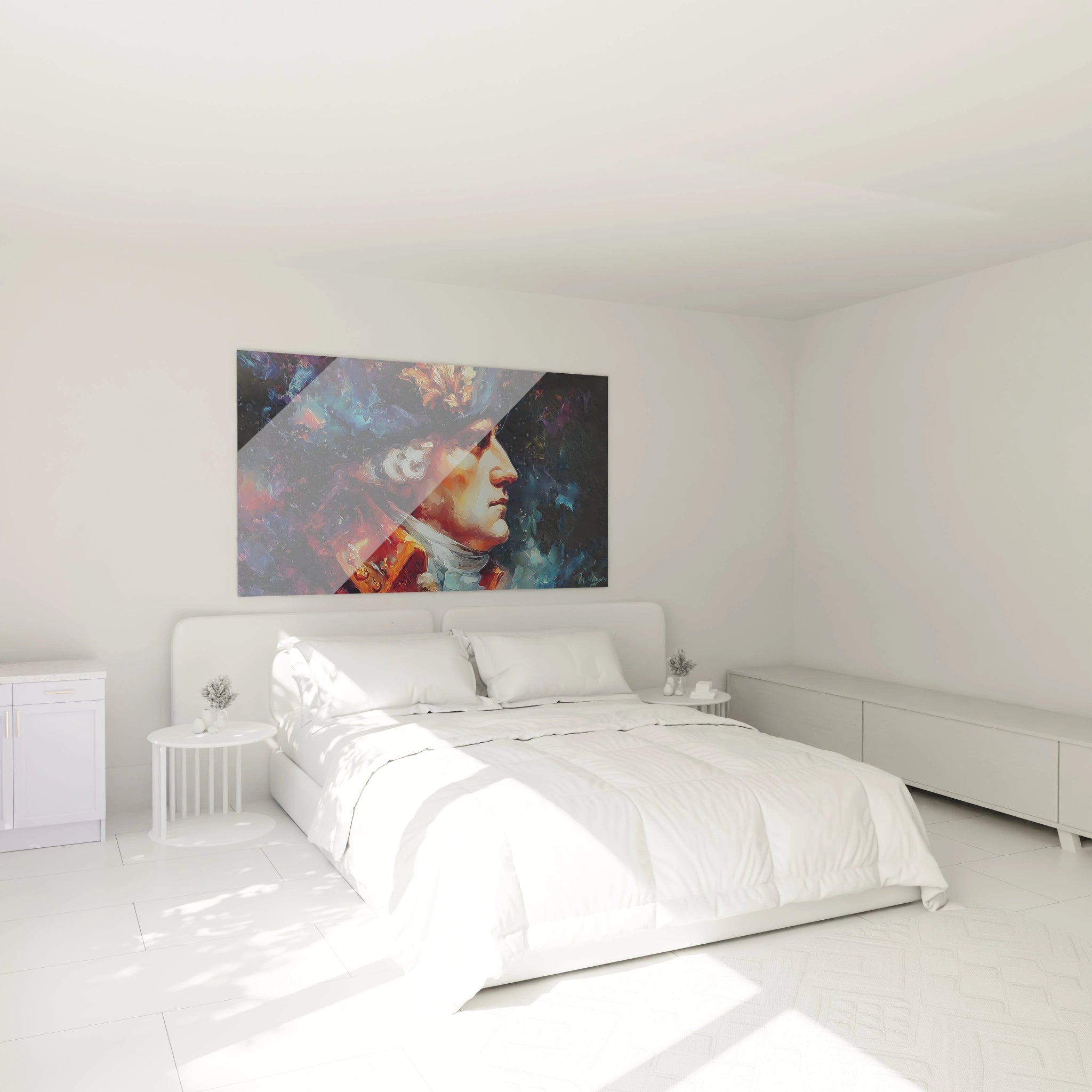 tableau mural homme Louis XVI par Walensky sur un lit blanc dans une chambre minimaliste lumineuse