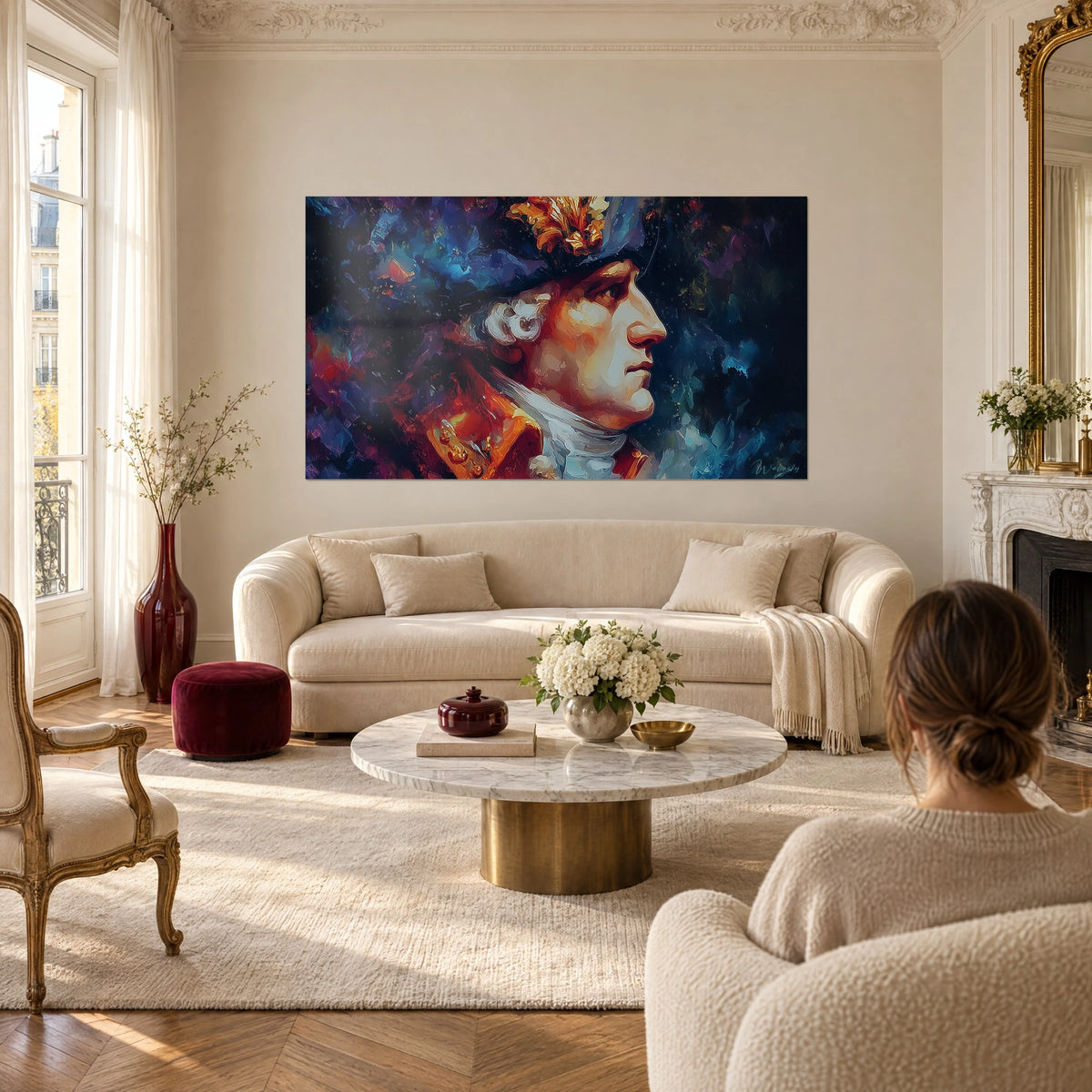 Schilderij profiel van Lodewijk XVI met driekantige hoed en goudkleurige pluim, nachtblauw en oranje, boven een bank in een lichte woonkamer