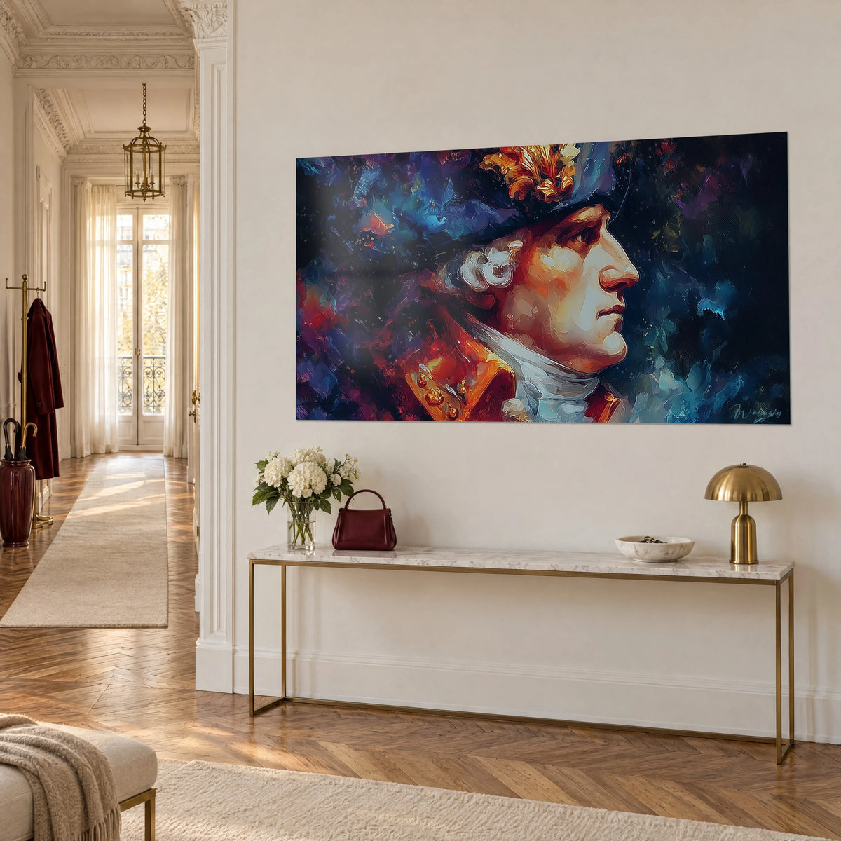 Schilderij edelman met gepoederde pruik in profiel, rood gegalonneerd jasje en kobaltblauwe achtergrond, driekwartzicht op een vergulde console