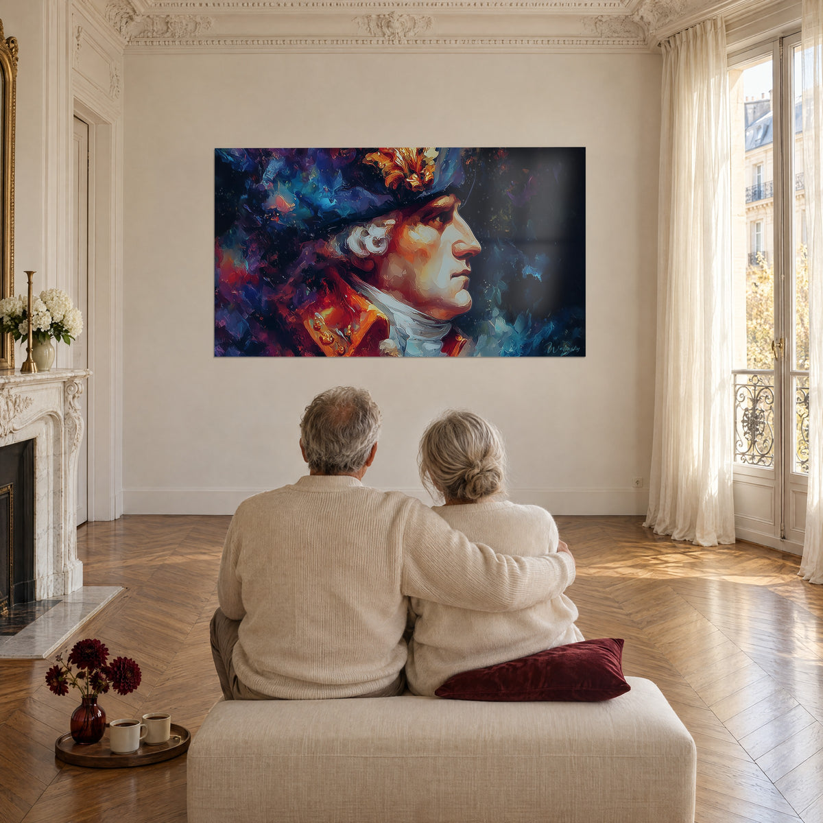 Schilderij soeverein in profiel, gouden veer op marineblauwe hoed, rood uniform en paarse spatten, tegenover een zittend stel